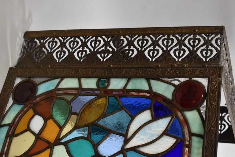 Antique Stained Glass Ceiling Light or Wall Panel Jewels and Rondels