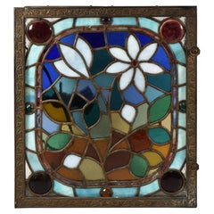 Antique Stained Glass Ceiling Light or Wall Panel Jewels & Rondels Brass Frame