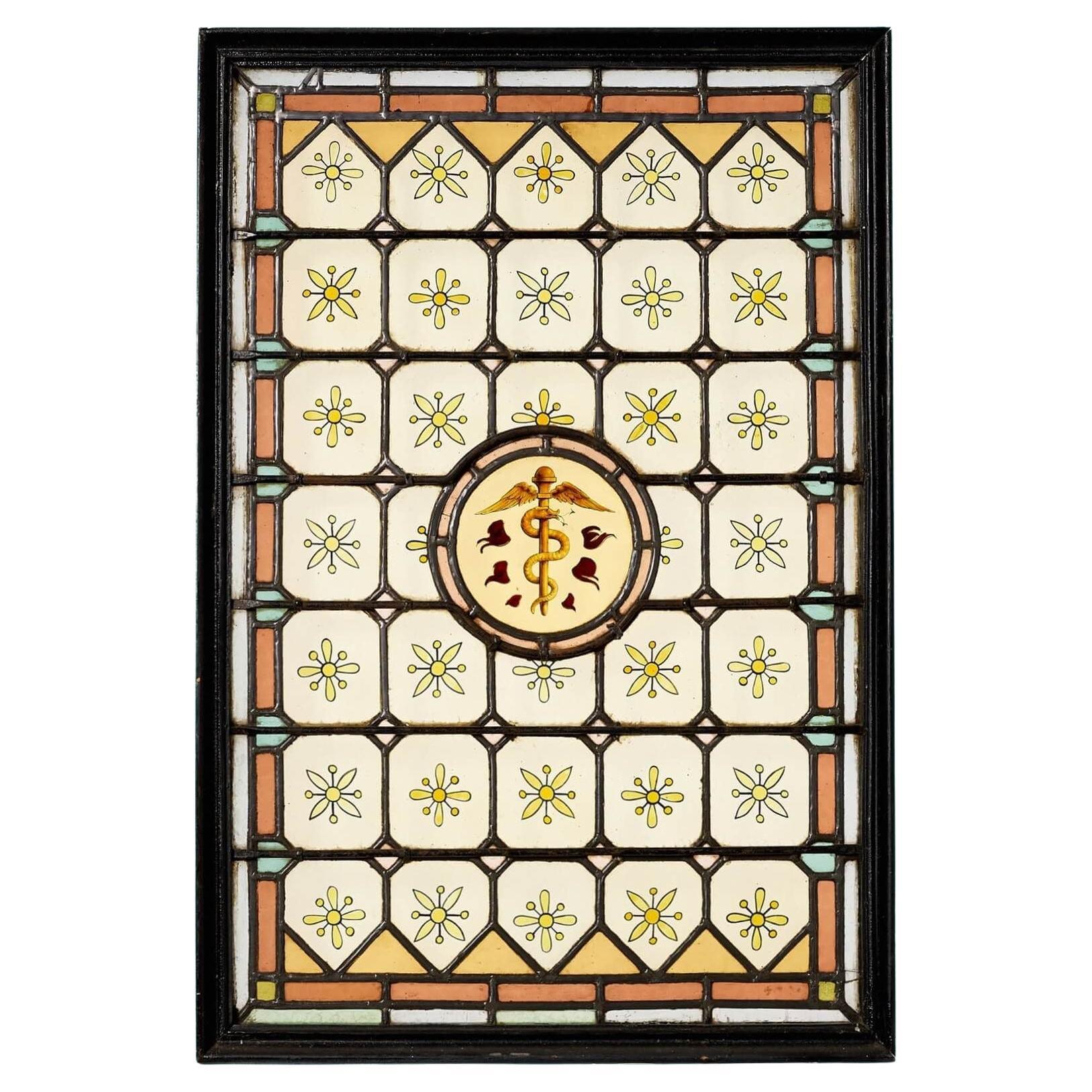 Antique Stained Glass Depicting Greek Asclepius Rod
