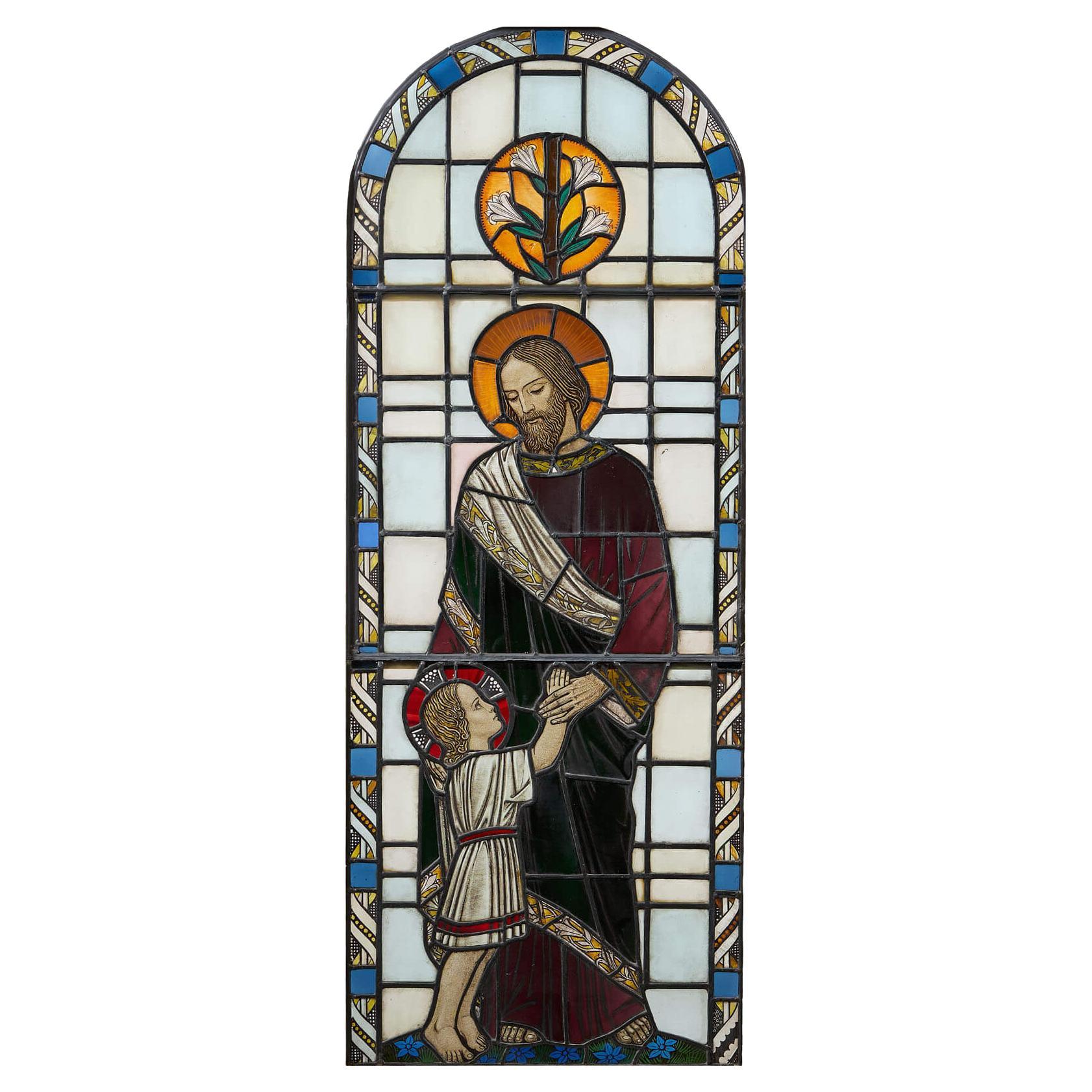 Antico Stained Glass raffigurante San Giuseppe e Gesù Bambino in vendita