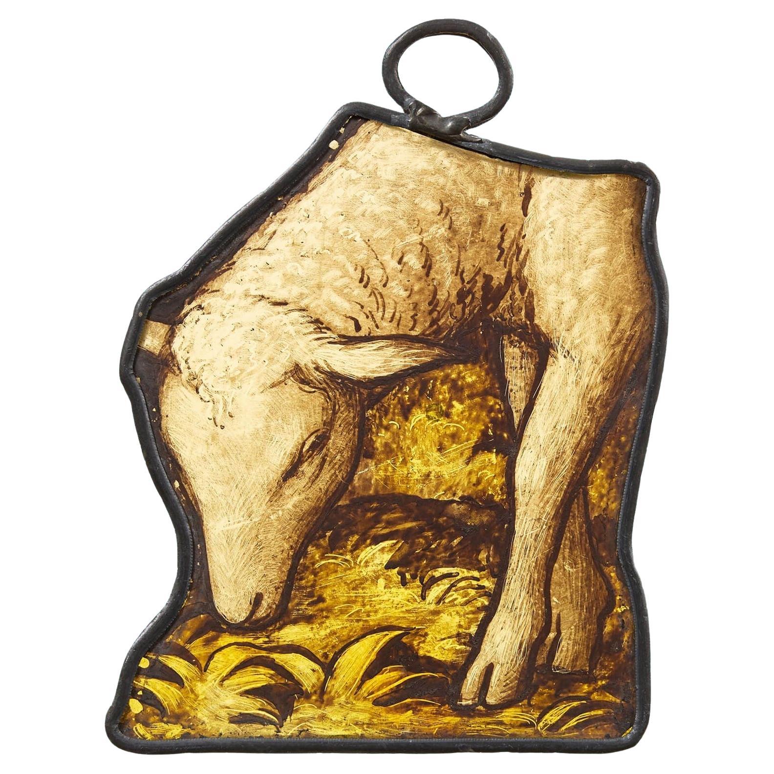 Panneau de suspension ancien en verre teinté représentant un mouton
