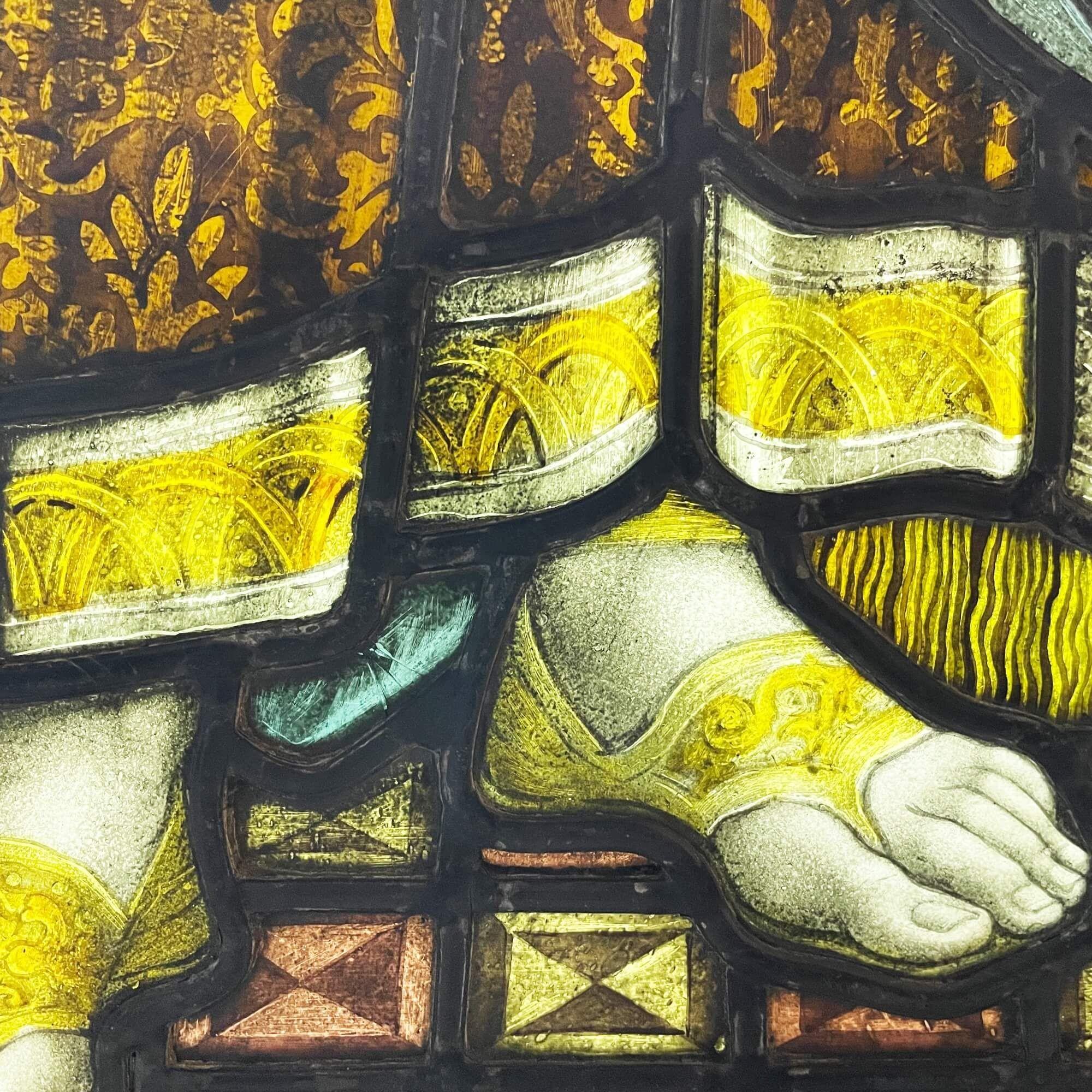 English Antique Stained Glass Hanging Panel of Nobleman’s Feet For Sale