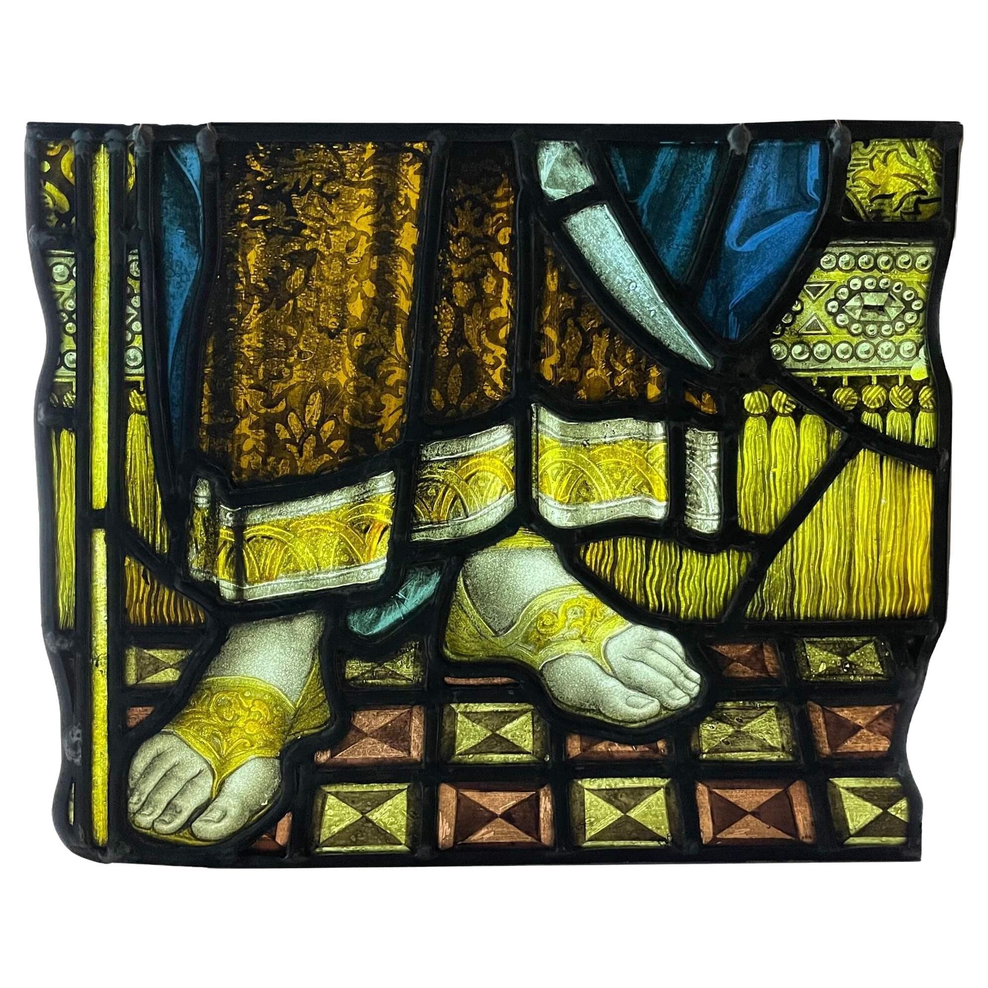 Antique Stained Glass Hanging Panel of Nobleman’s Feet For Sale