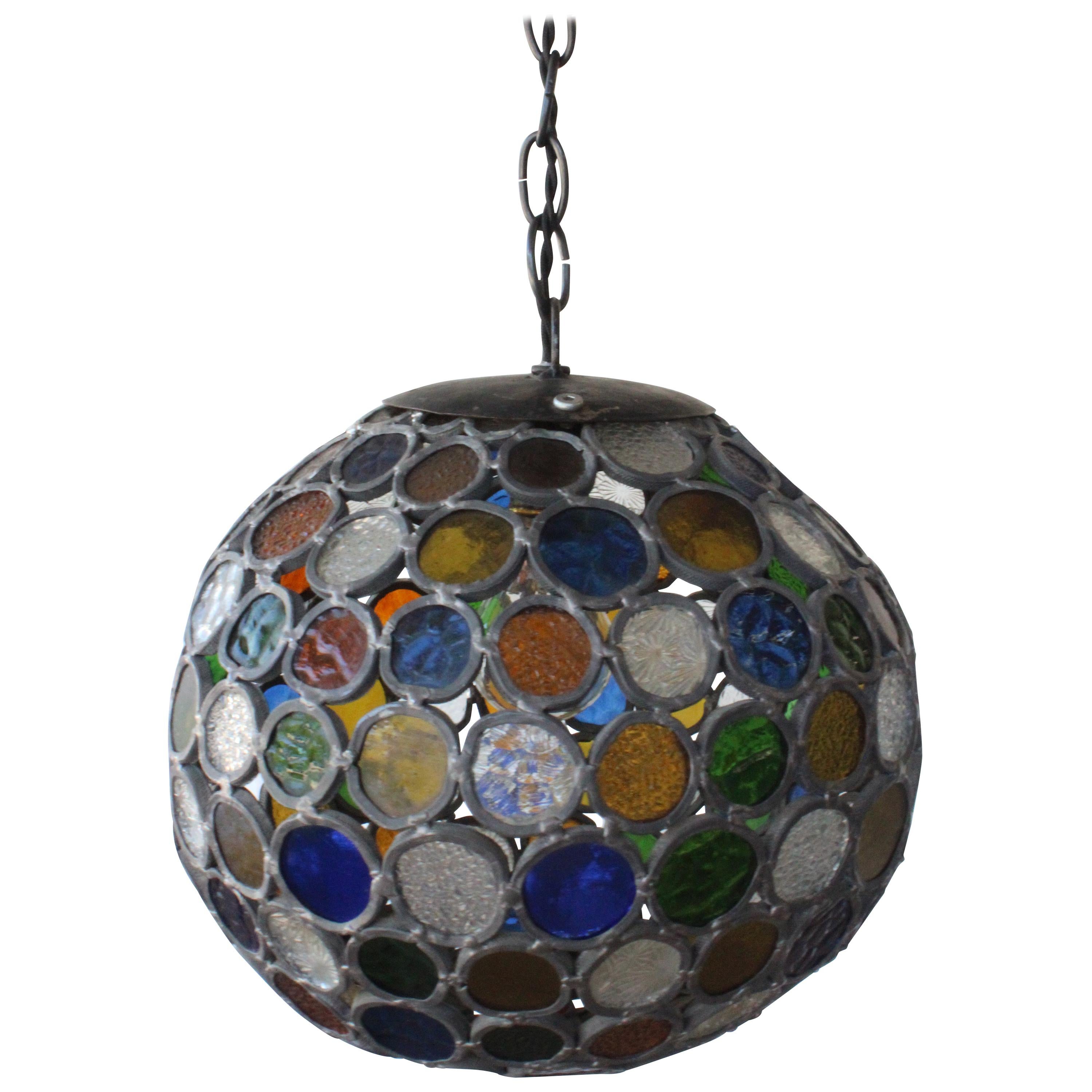 Antique Stained Glass Hanging Pendant Light, U.S.A, 1960s