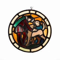 Antique Stained Glass Roundel Depicting A Man And Child With A Dog