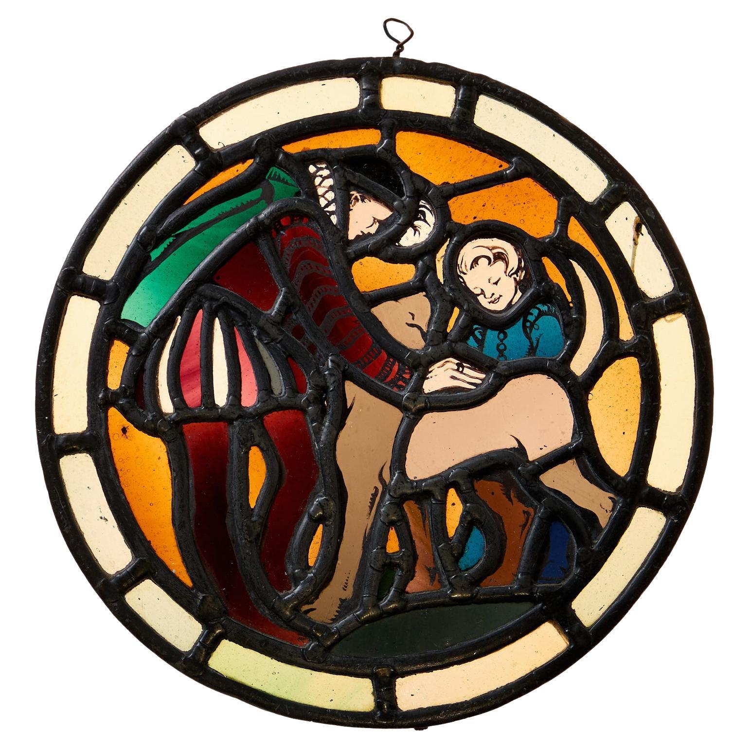 Antique Stained Glass Roundel Depicting A Man And Child With A Dog For Sale