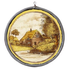 Antique Stained Glass Roundel Depicting an English Countryside Scene
