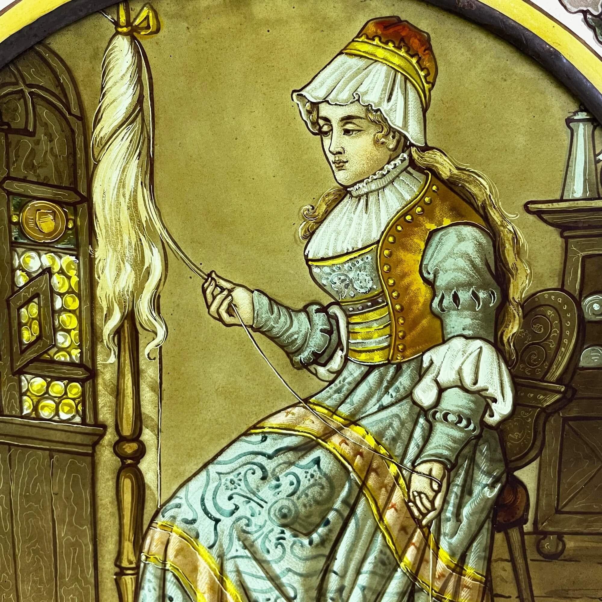 English Antique Stained Glass Roundel of Victorian Woman For Sale