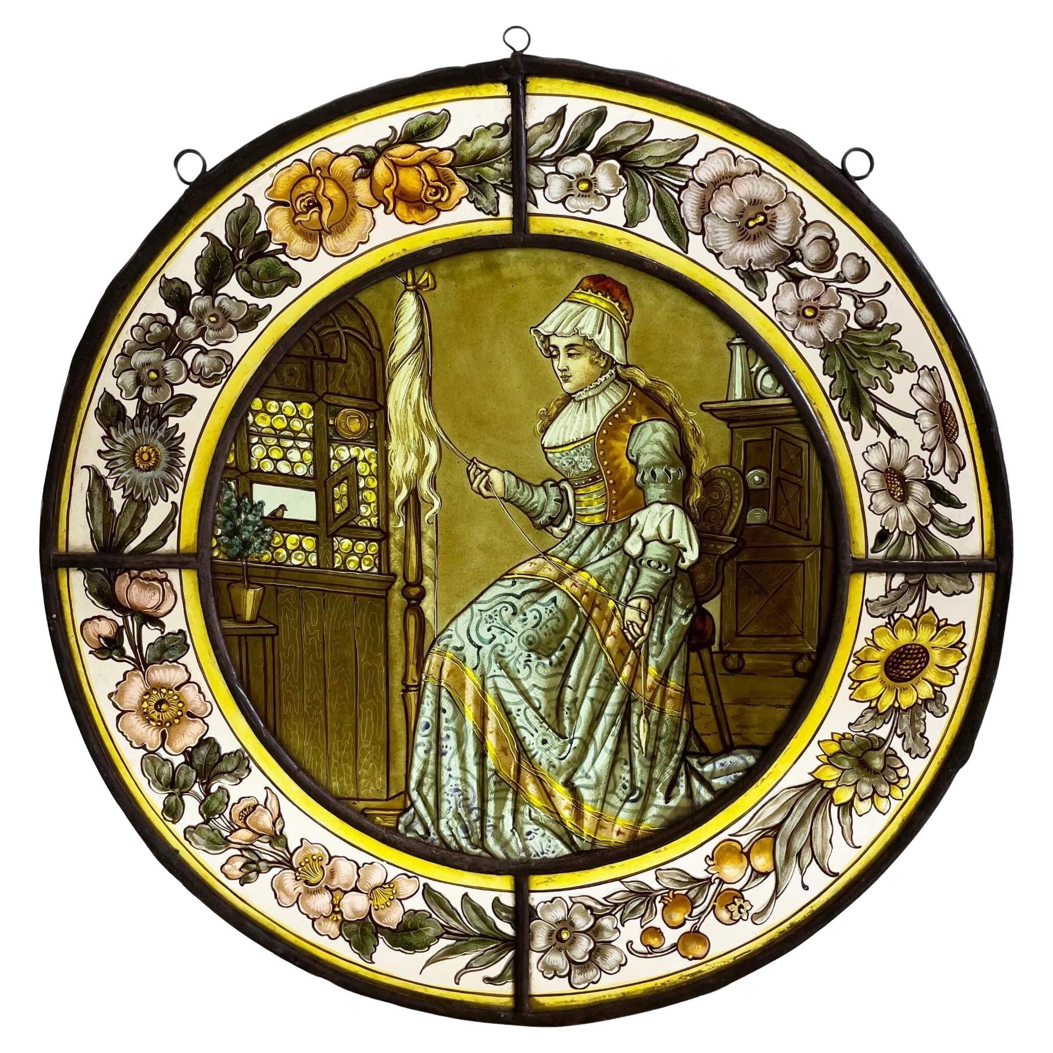 Antique Stained Glass Roundel of Victorian Woman For Sale