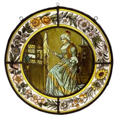 Rondelle victorienne ancienne en verre teinté représentant une femme
