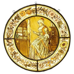 Antique Stained Glass Roundel of Victorian Woman