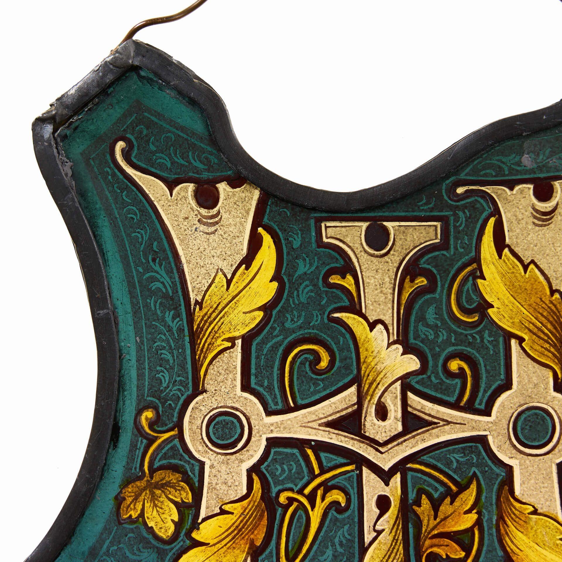 Victorian Antique Stained Glass Shield Panel of Monogram For Sale