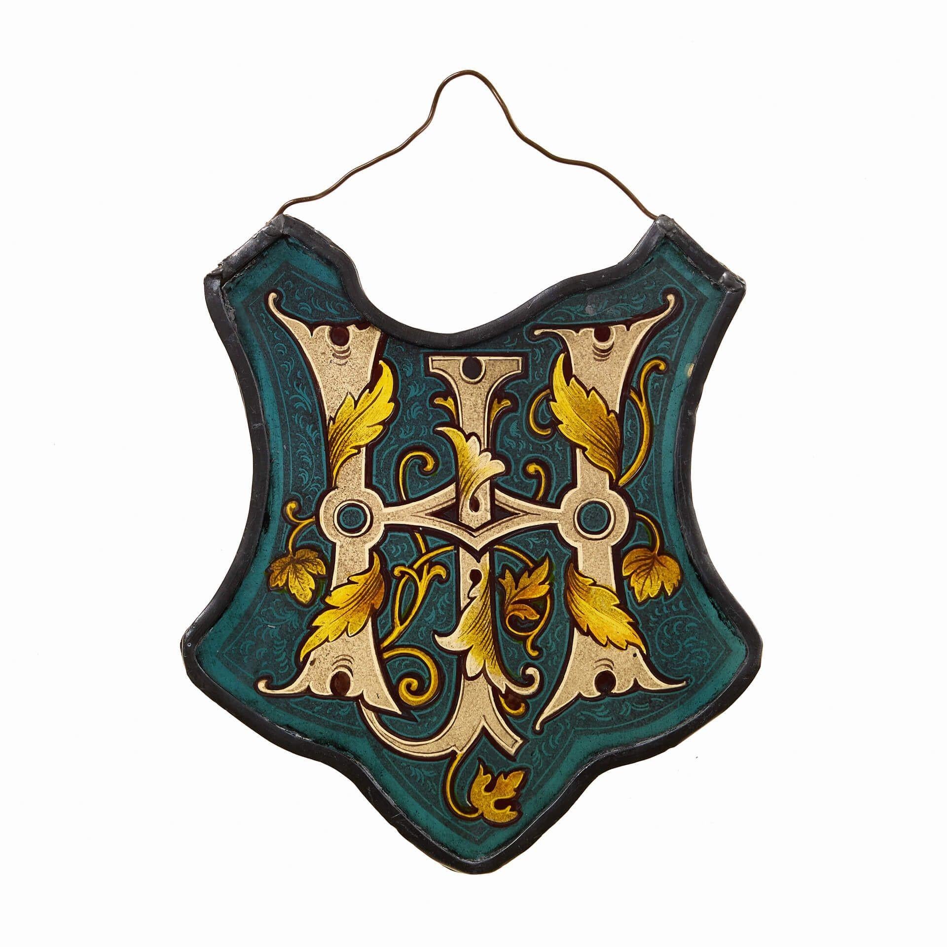 Antique Stained Glass Shield Panel of Monogram In Fair Condition For Sale In Wormelow, Herefordshire