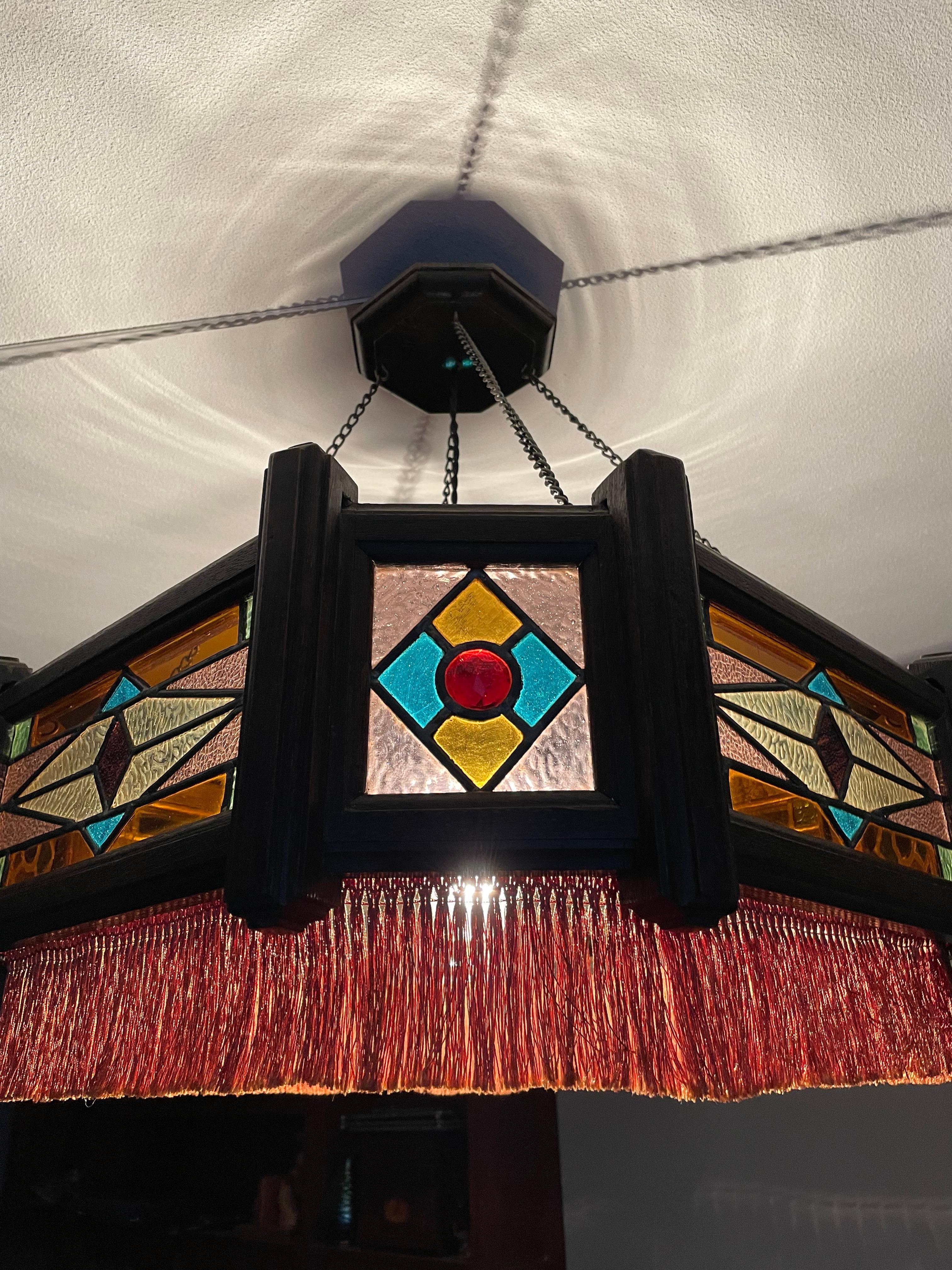 Antique Stained Glass & Stained Oak Art Deco Pendant Chandelier w. Great Colors For Sale 1