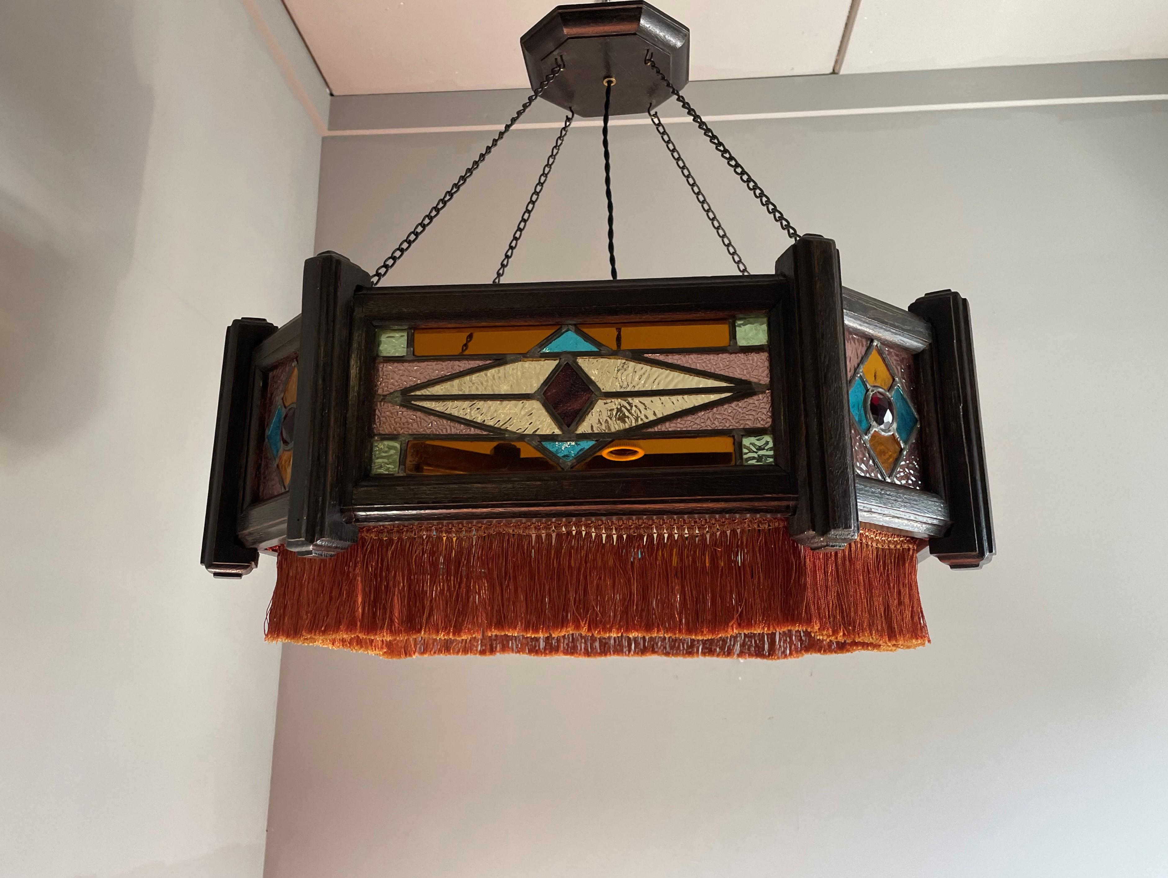 Antique Stained Glass & Stained Oak Art Deco Pendant Chandelier w. Great Colors For Sale 3