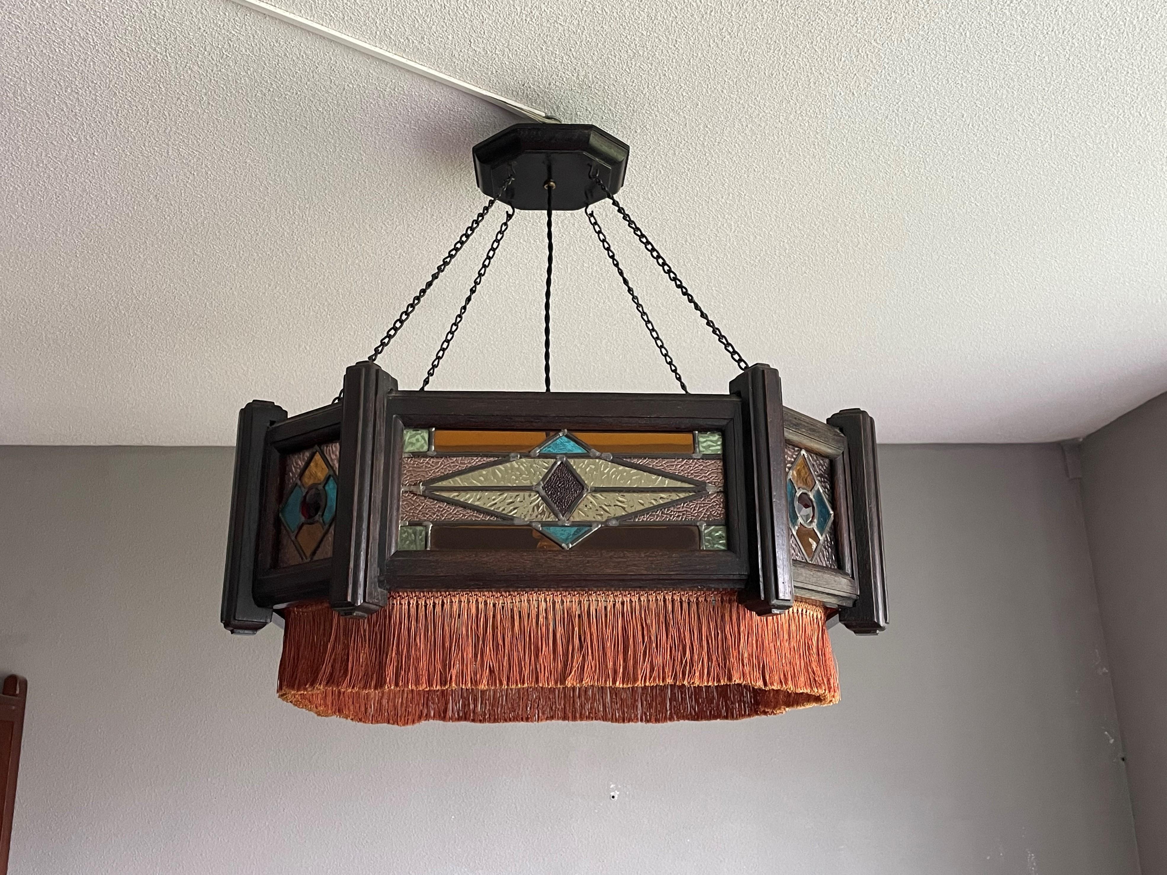 Antique Stained Glass & Stained Oak Art Deco Pendant Chandelier w. Great Colors For Sale 2