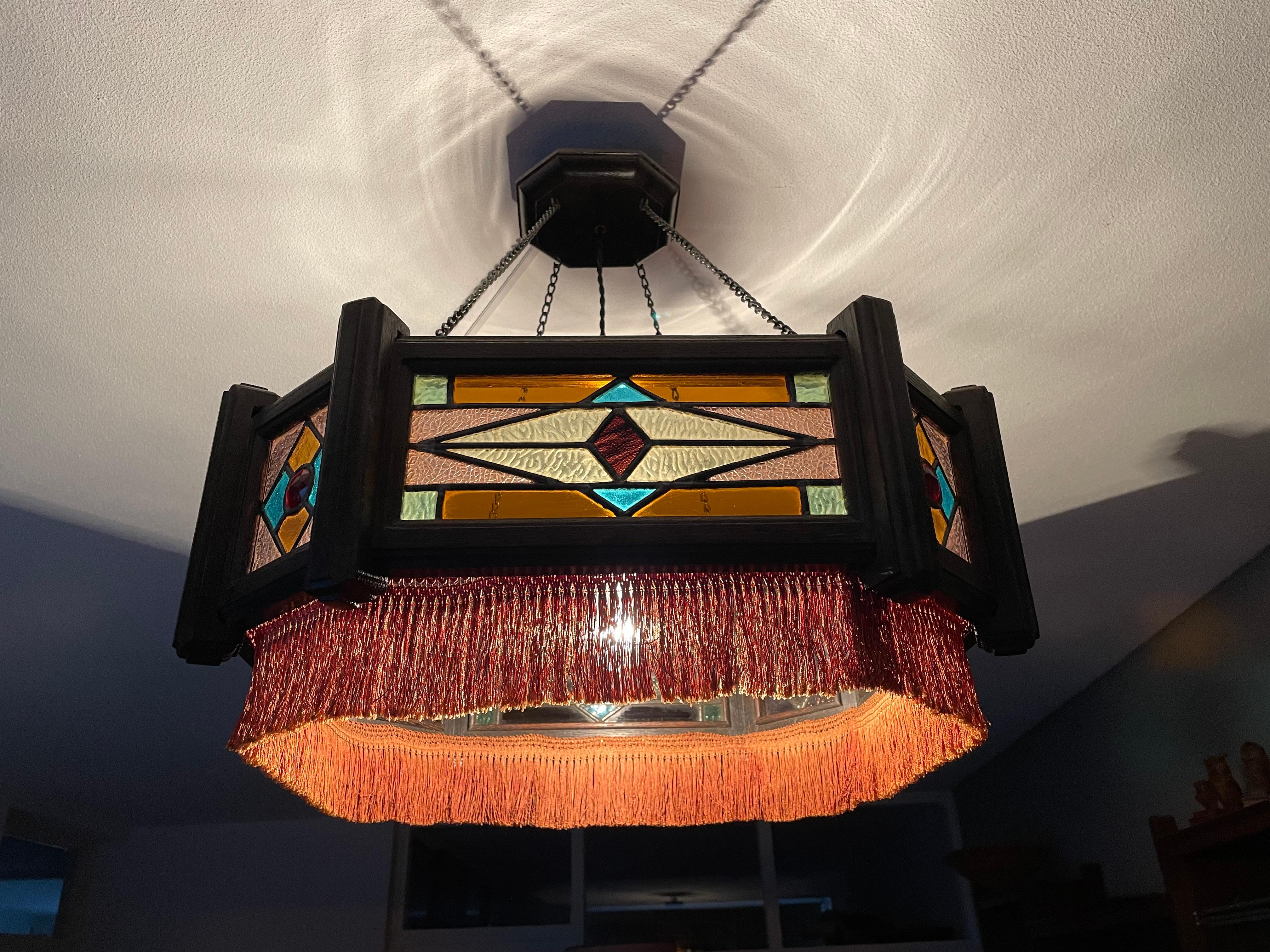 Antique Stained Glass & Stained Oak Art Deco Pendant Chandelier w. Great Colors For Sale 4