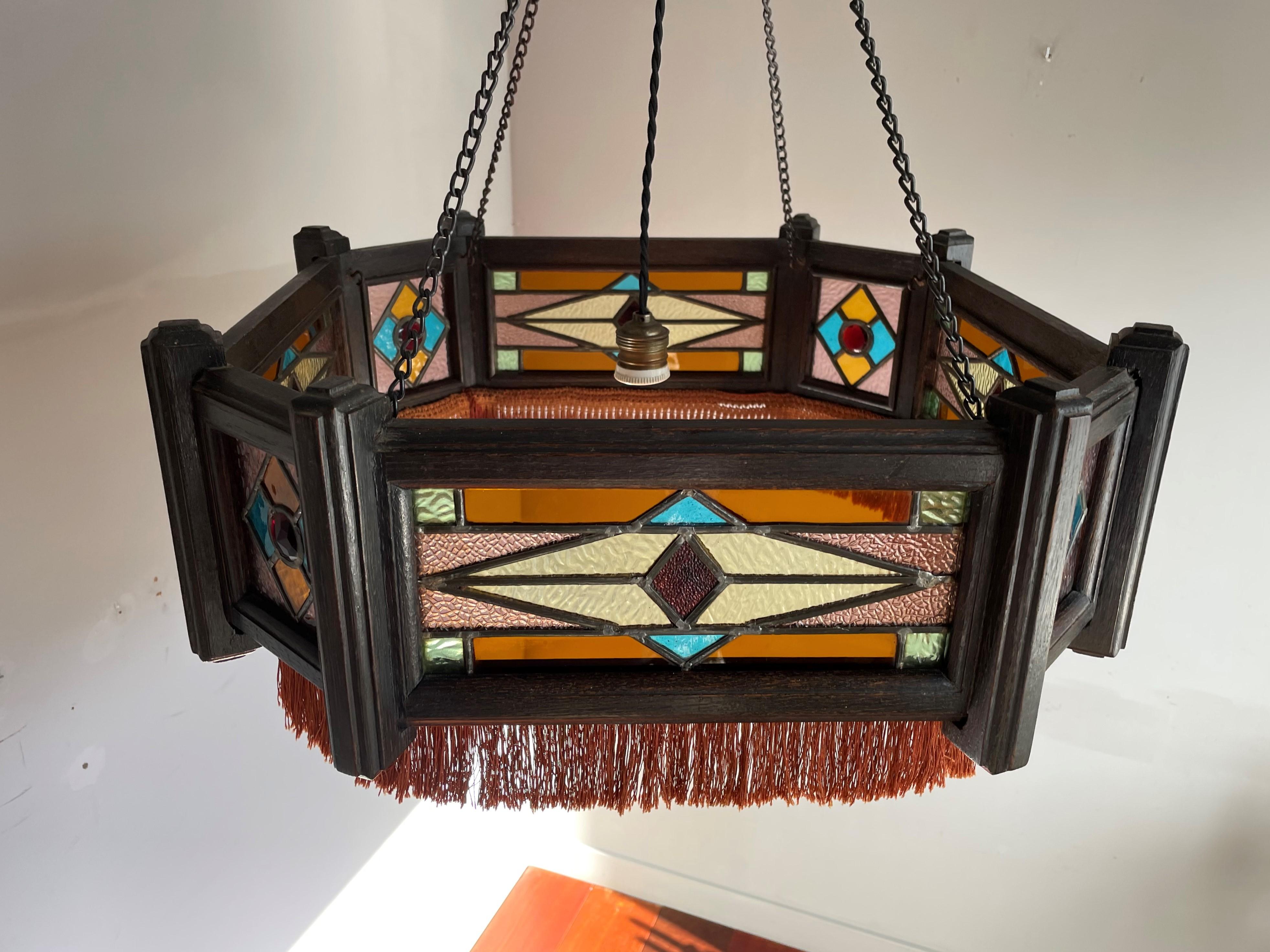 Antique Stained Glass & Stained Oak Art Deco Pendant Chandelier w. Great Colors For Sale 5