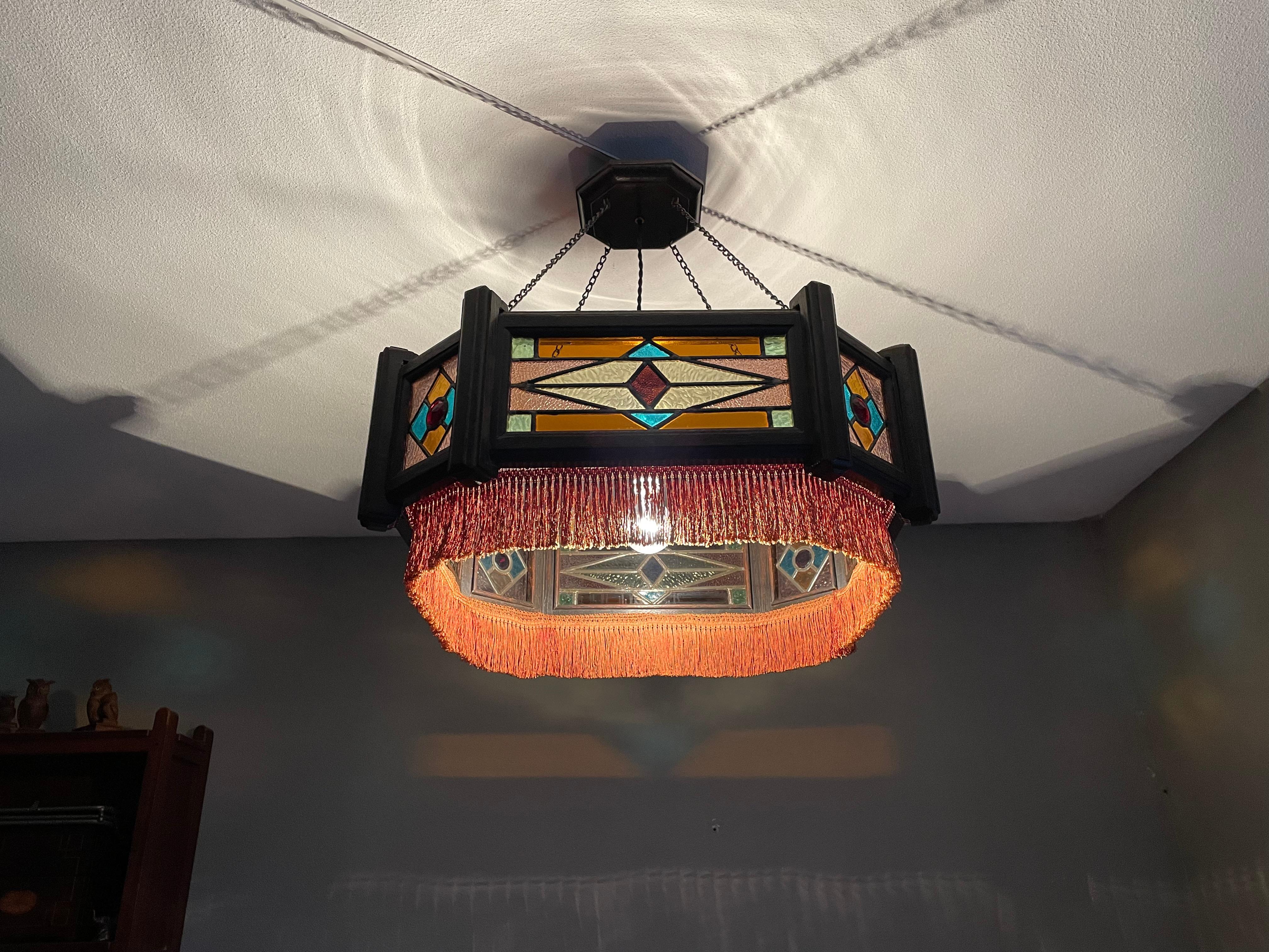 Antique Stained Glass & Stained Oak Art Deco Pendant Chandelier w. Great Colors For Sale 6