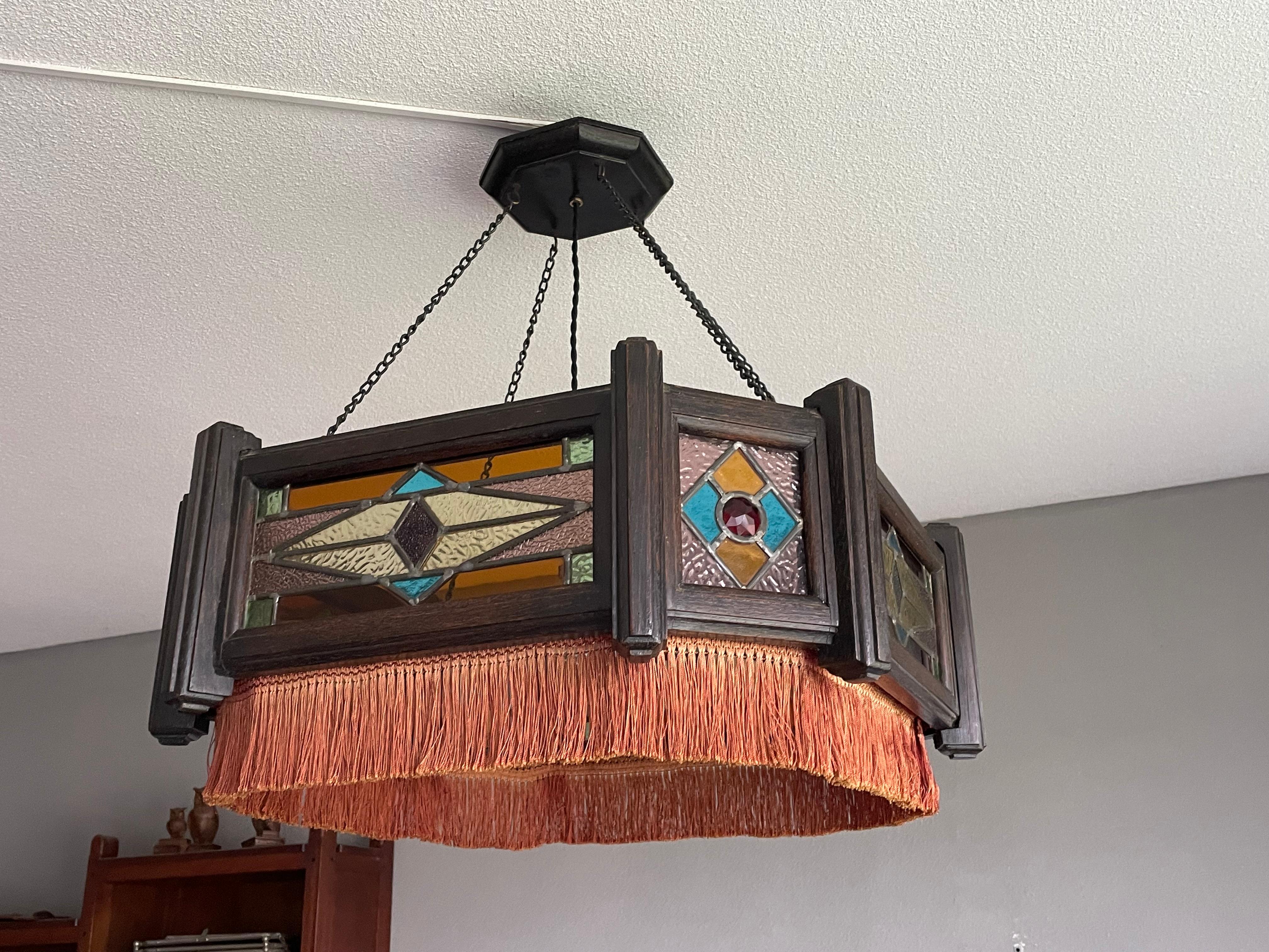 Antique Stained Glass & Stained Oak Art Deco Pendant Chandelier w. Great Colors For Sale 7