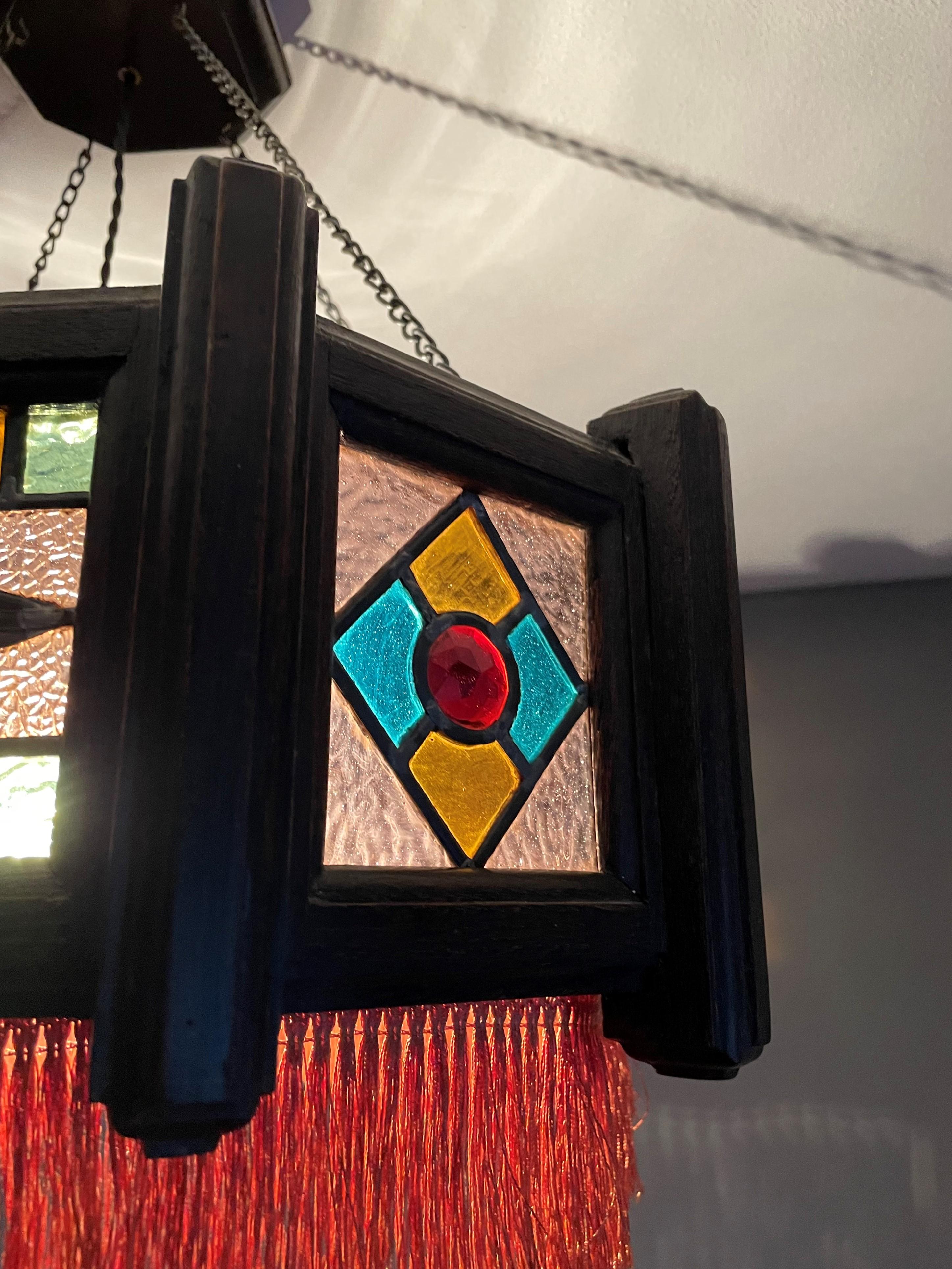 Antique Stained Glass & Stained Oak Art Deco Pendant Chandelier w. Great Colors For Sale 8