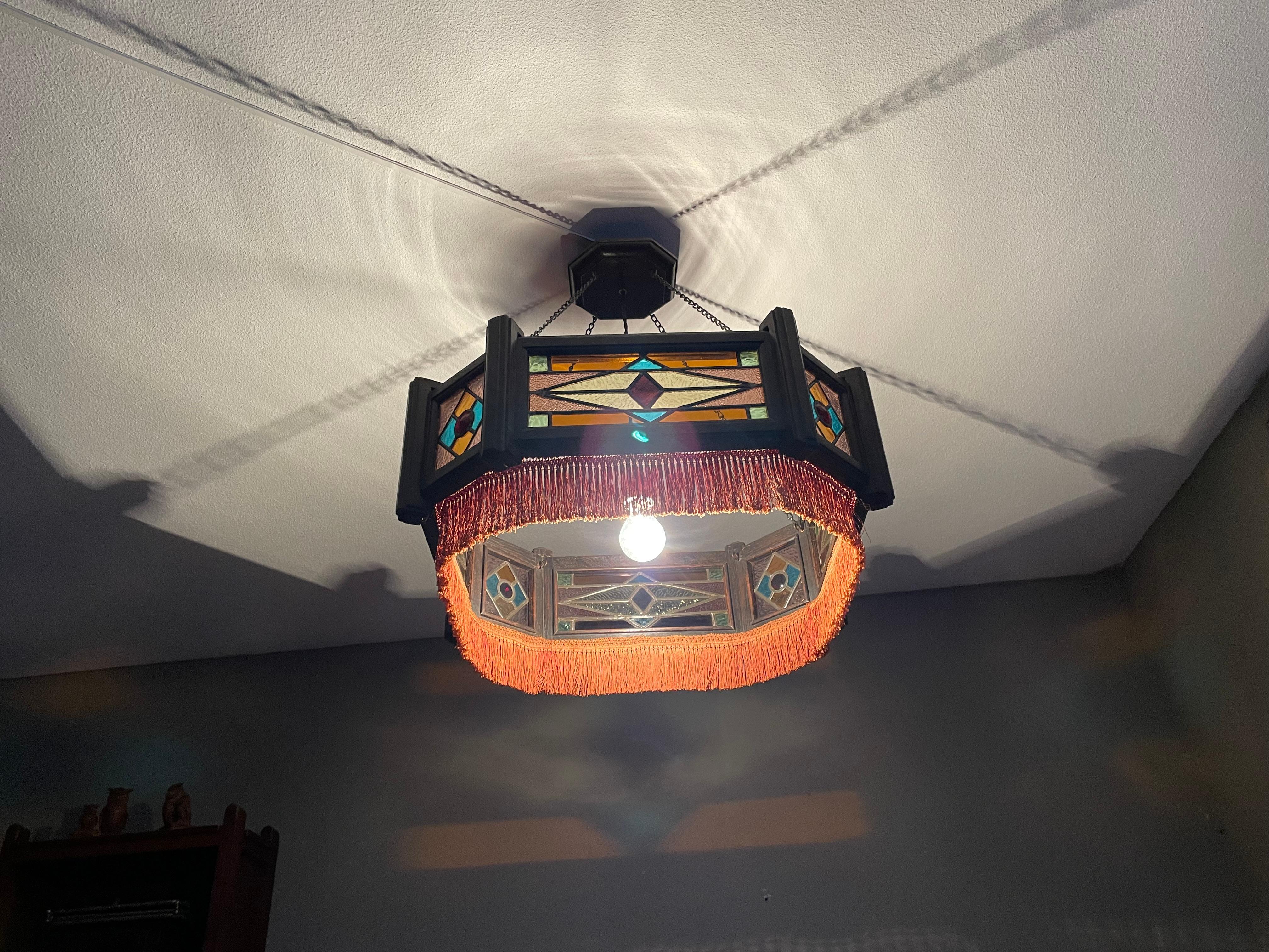 Antique Stained Glass & Stained Oak Art Deco Pendant Chandelier w. Great Colors 11