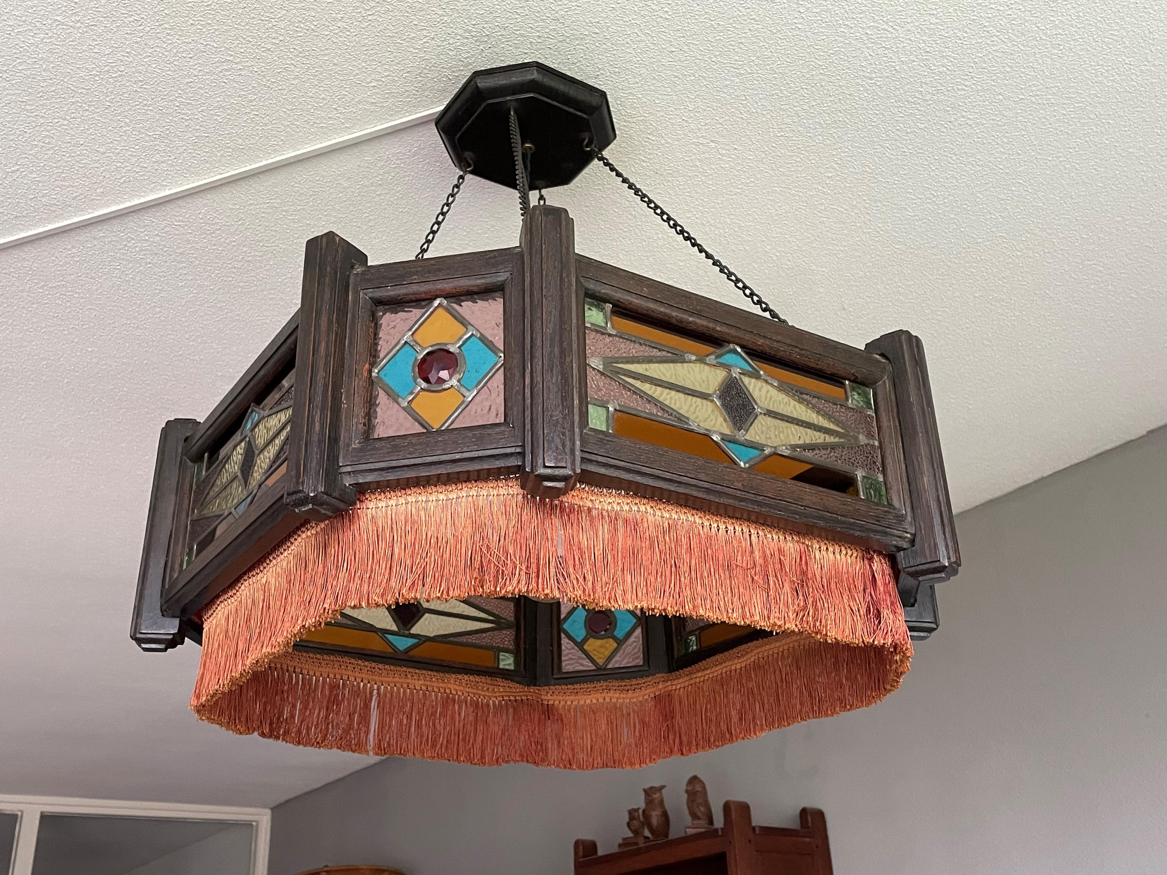 Antique Stained Glass & Stained Oak Art Deco Pendant Chandelier w. Great Colors For Sale 10