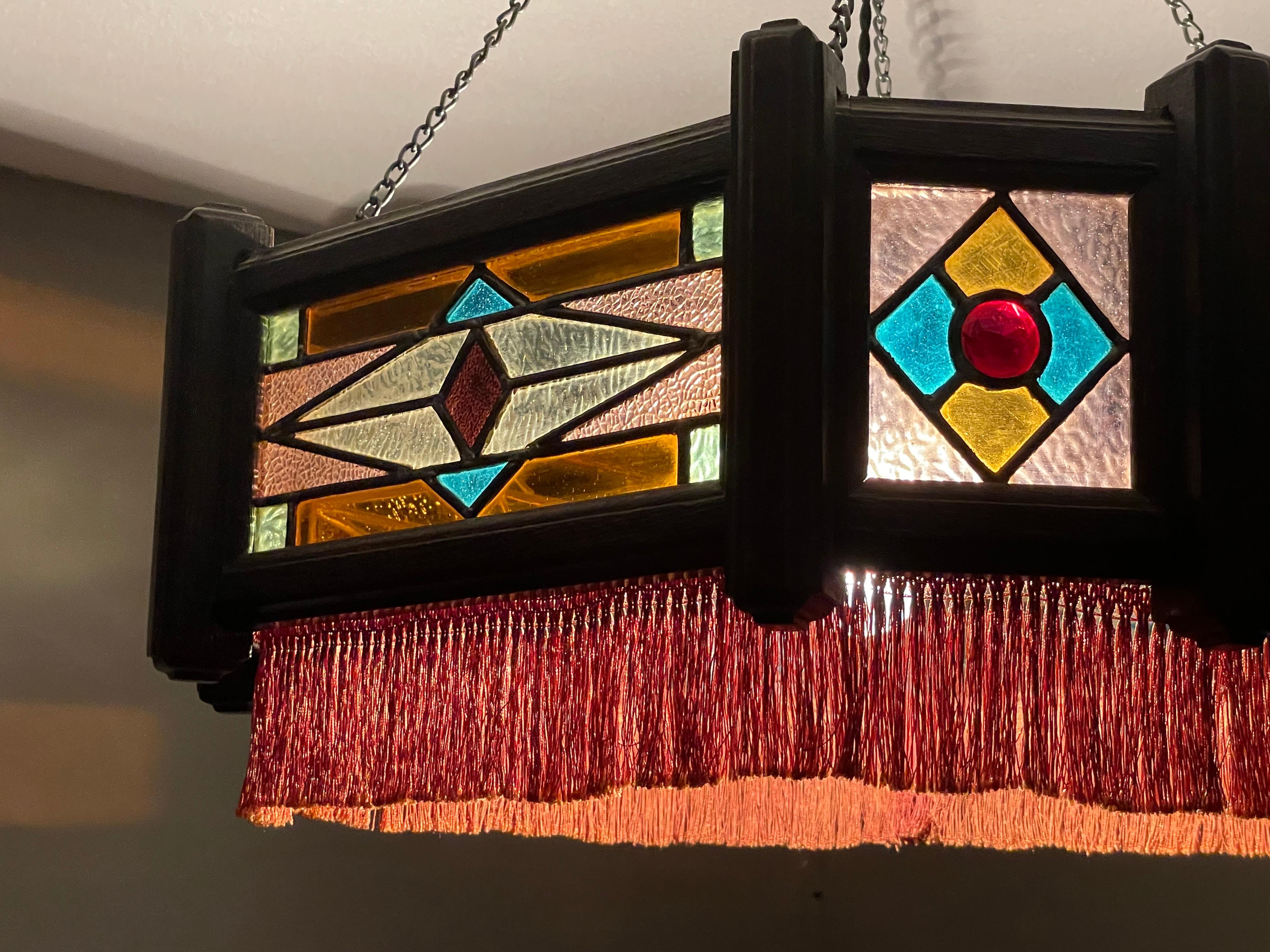 Antique Stained Glass & Stained Oak Art Deco Pendant Chandelier w. Great Colors For Sale 11