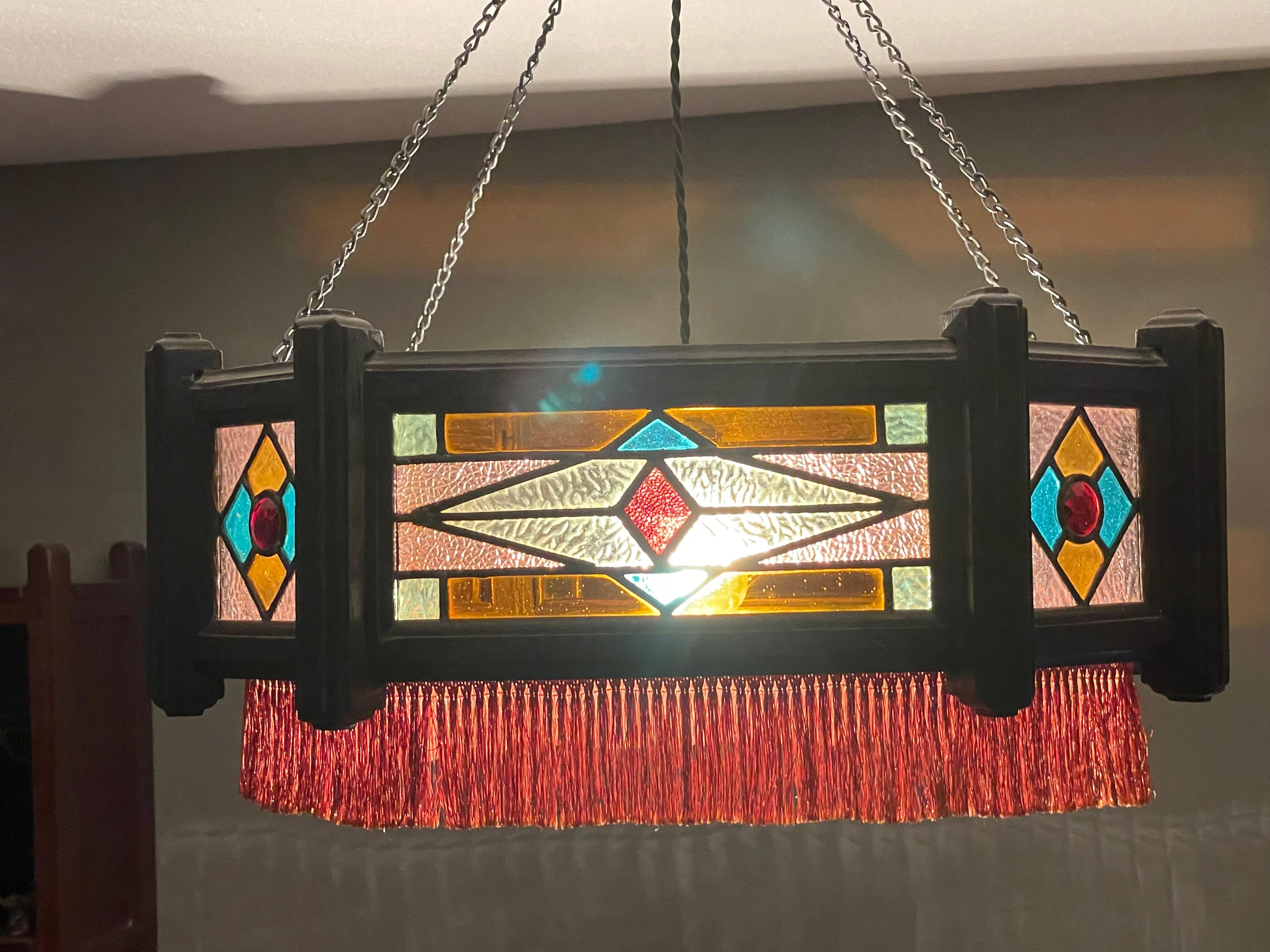 Antique Stained Glass & Stained Oak Art Deco Pendant Chandelier w. Great Colors For Sale 12