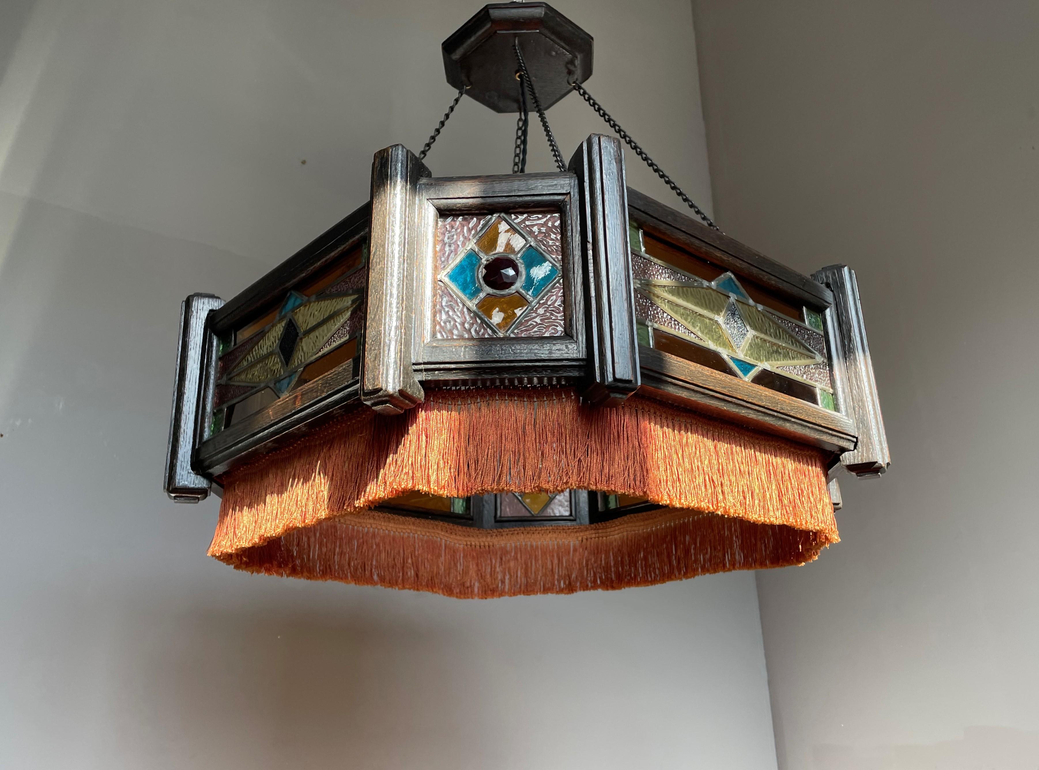 Antique Stained Glass & Stained Oak Art Deco Pendant Chandelier w. Great Colors For Sale 13