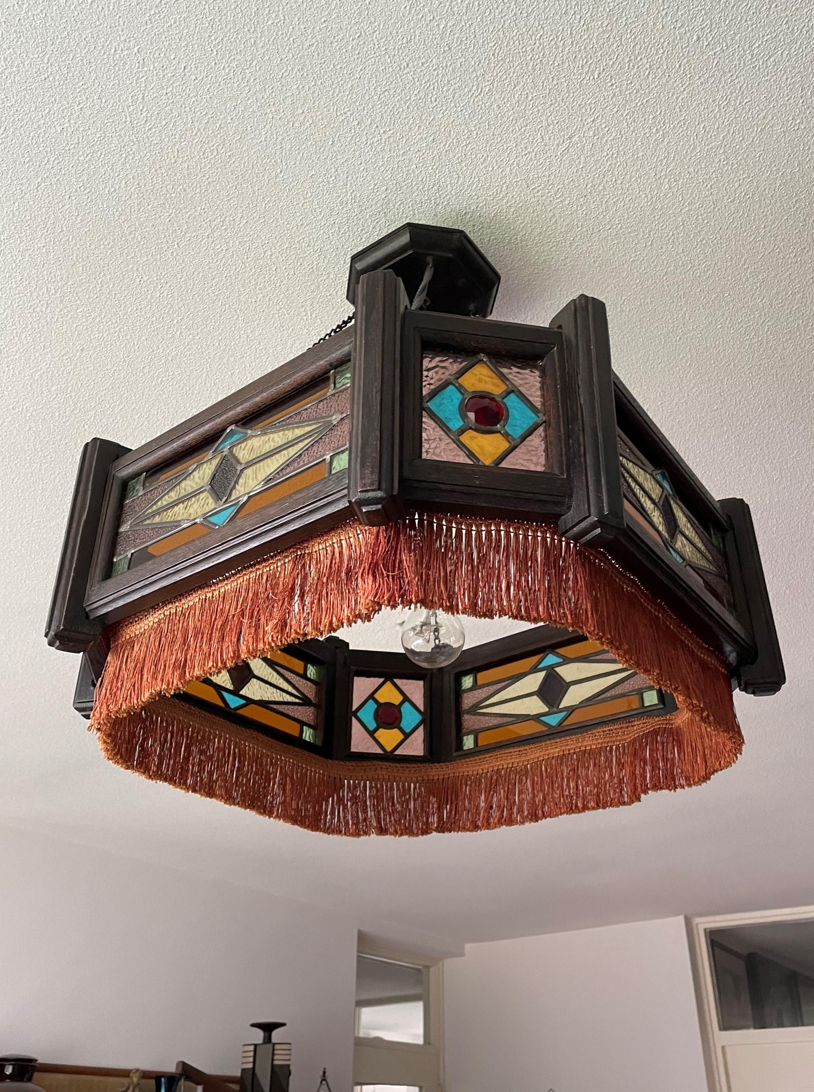 Hand-Crafted Antique Stained Glass & Stained Oak Art Deco Pendant Chandelier w. Great Colors For Sale