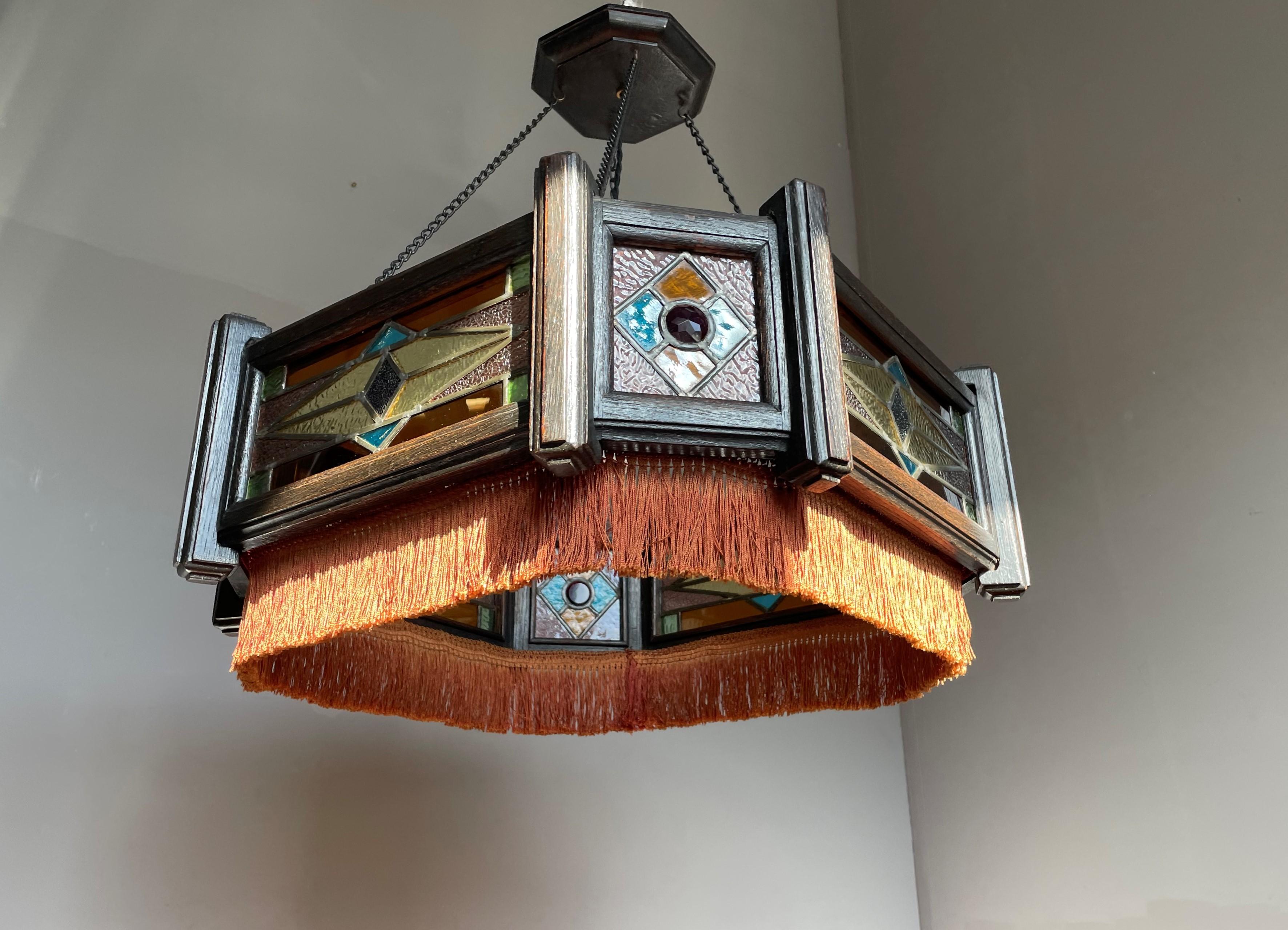 European Antique Stained Glass & Stained Oak Art Deco Pendant Chandelier w. Great Colors For Sale