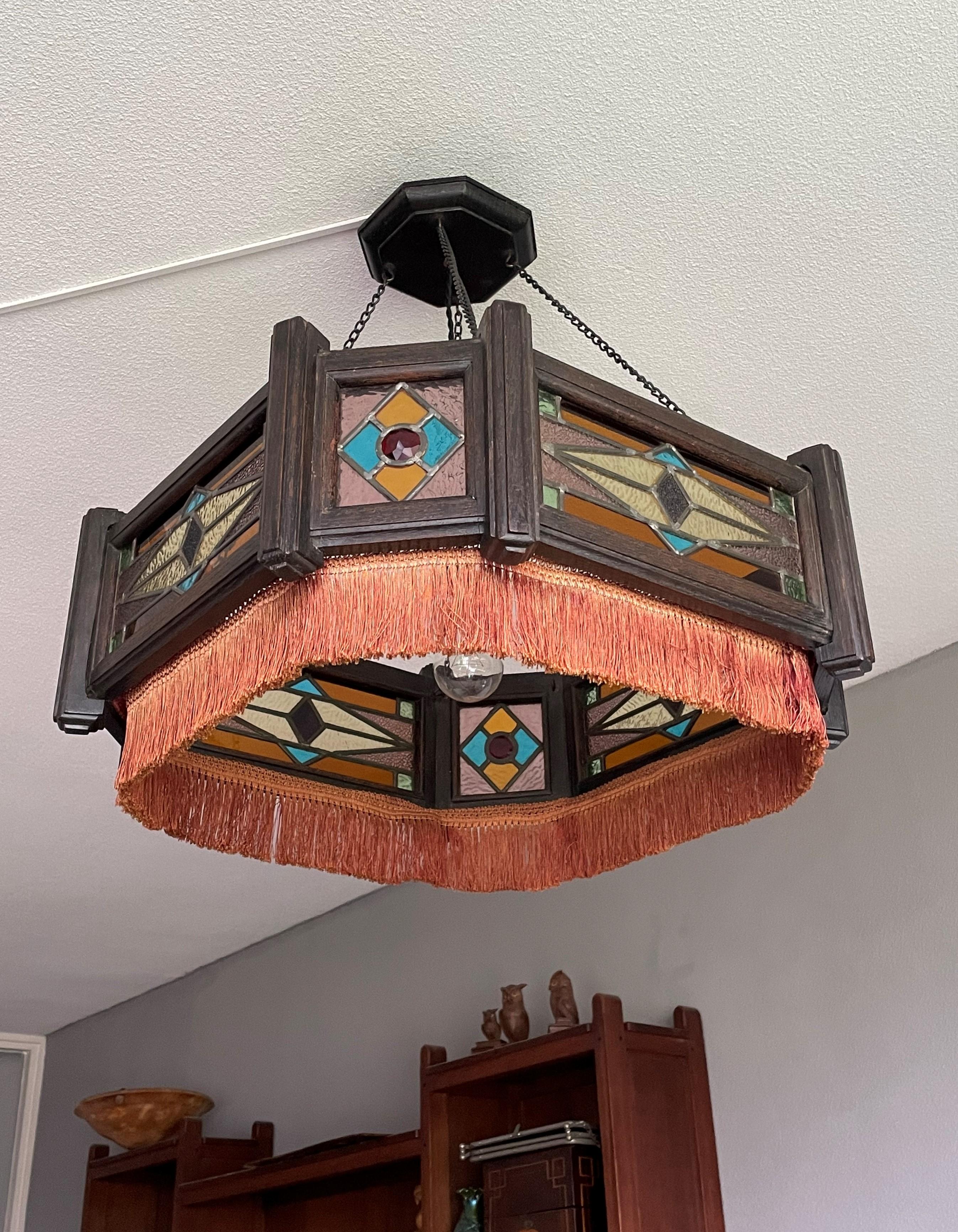 20th Century Antique Stained Glass & Stained Oak Art Deco Pendant Chandelier w. Great Colors For Sale