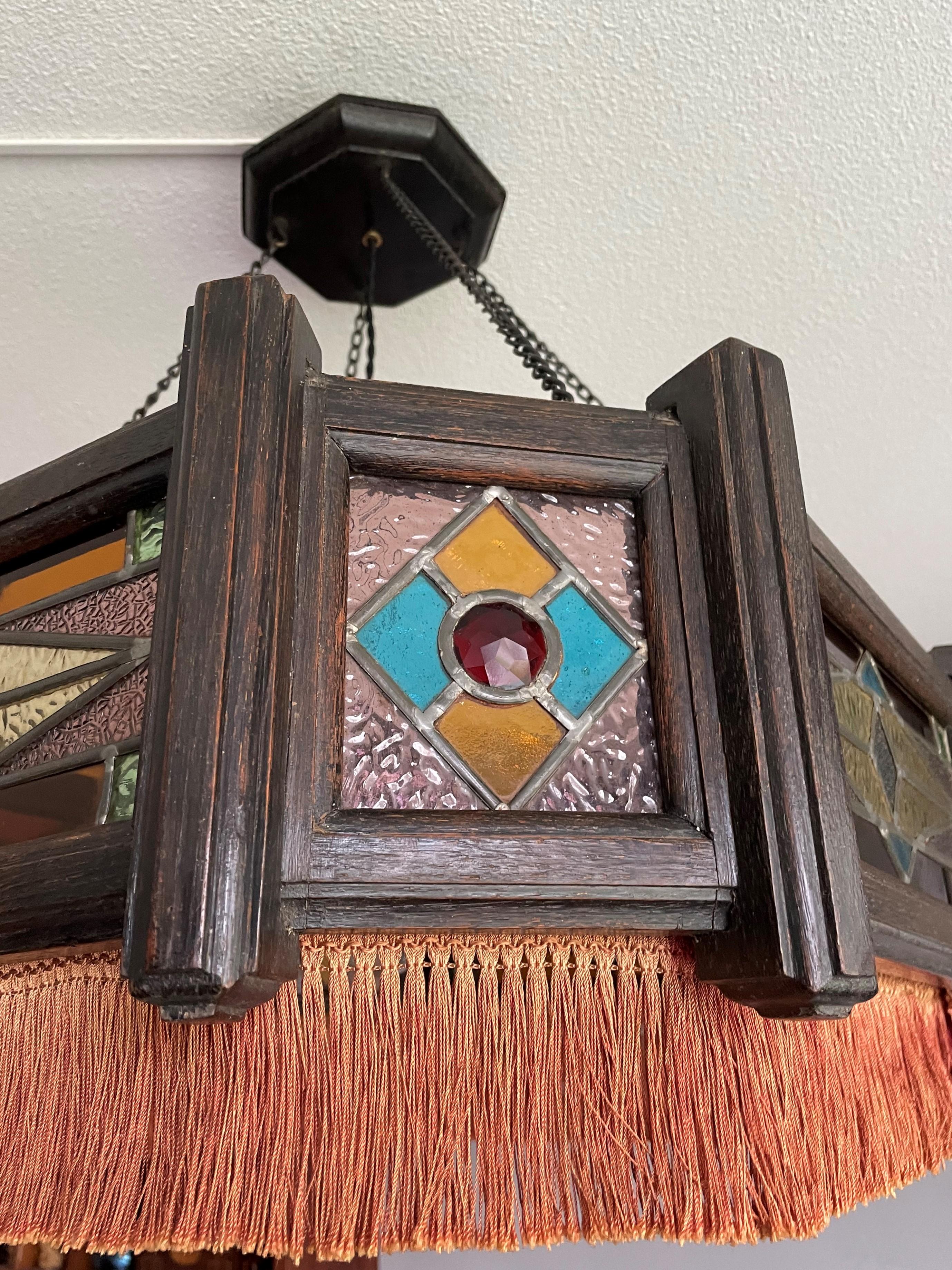 Metal Antique Stained Glass & Stained Oak Art Deco Pendant Chandelier w. Great Colors For Sale