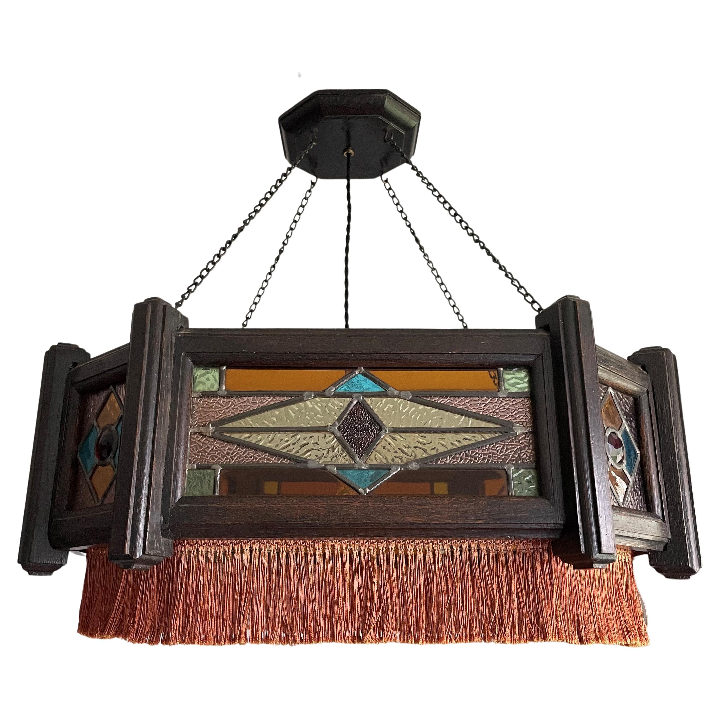 Antique Stained Glass & Stained Oak Art Deco Pendant Chandelier w. Great Colors For Sale