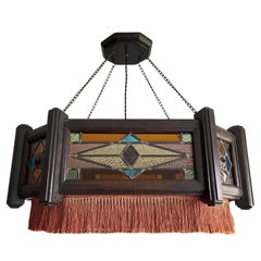 Antique Stained Glass & Stained Oak Art Deco Pendant Chandelier w. Great Colors