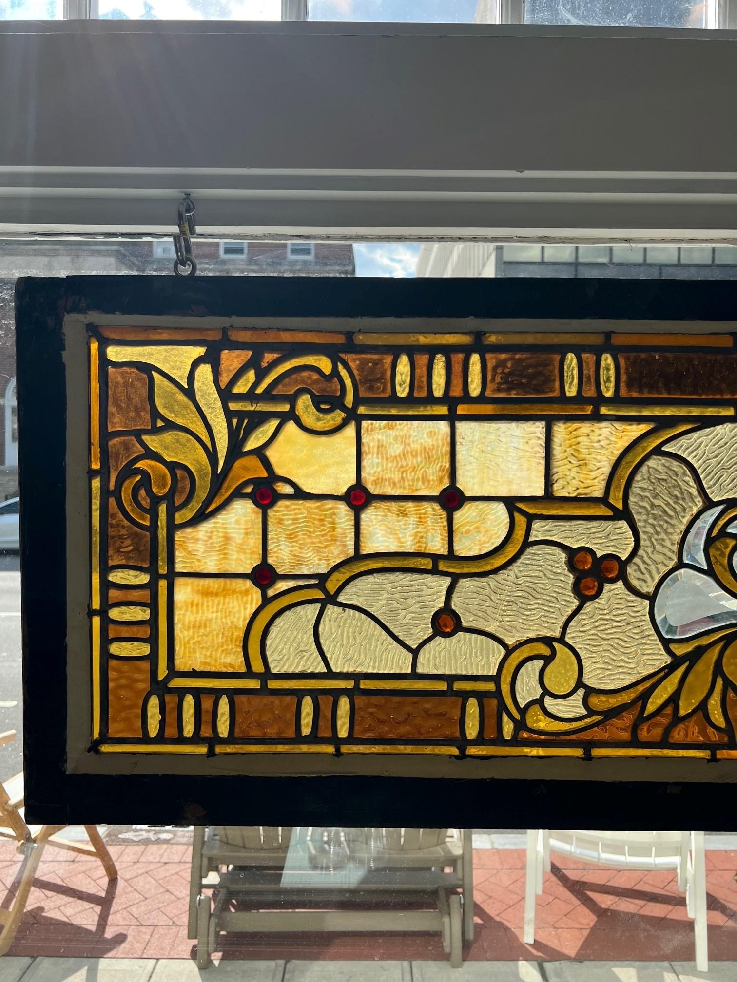 Antique Stained Glass Transom with Beveled Glass Center and Jewels 3