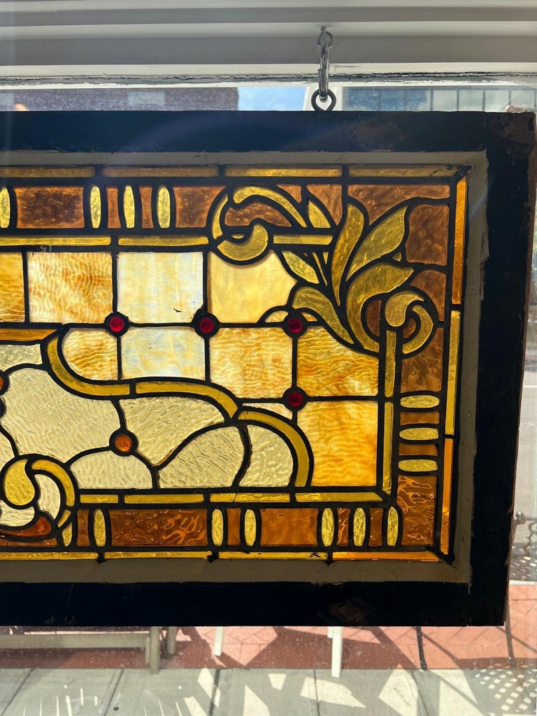 Antique Stained Glass Transom with Beveled Glass Center and Jewels For