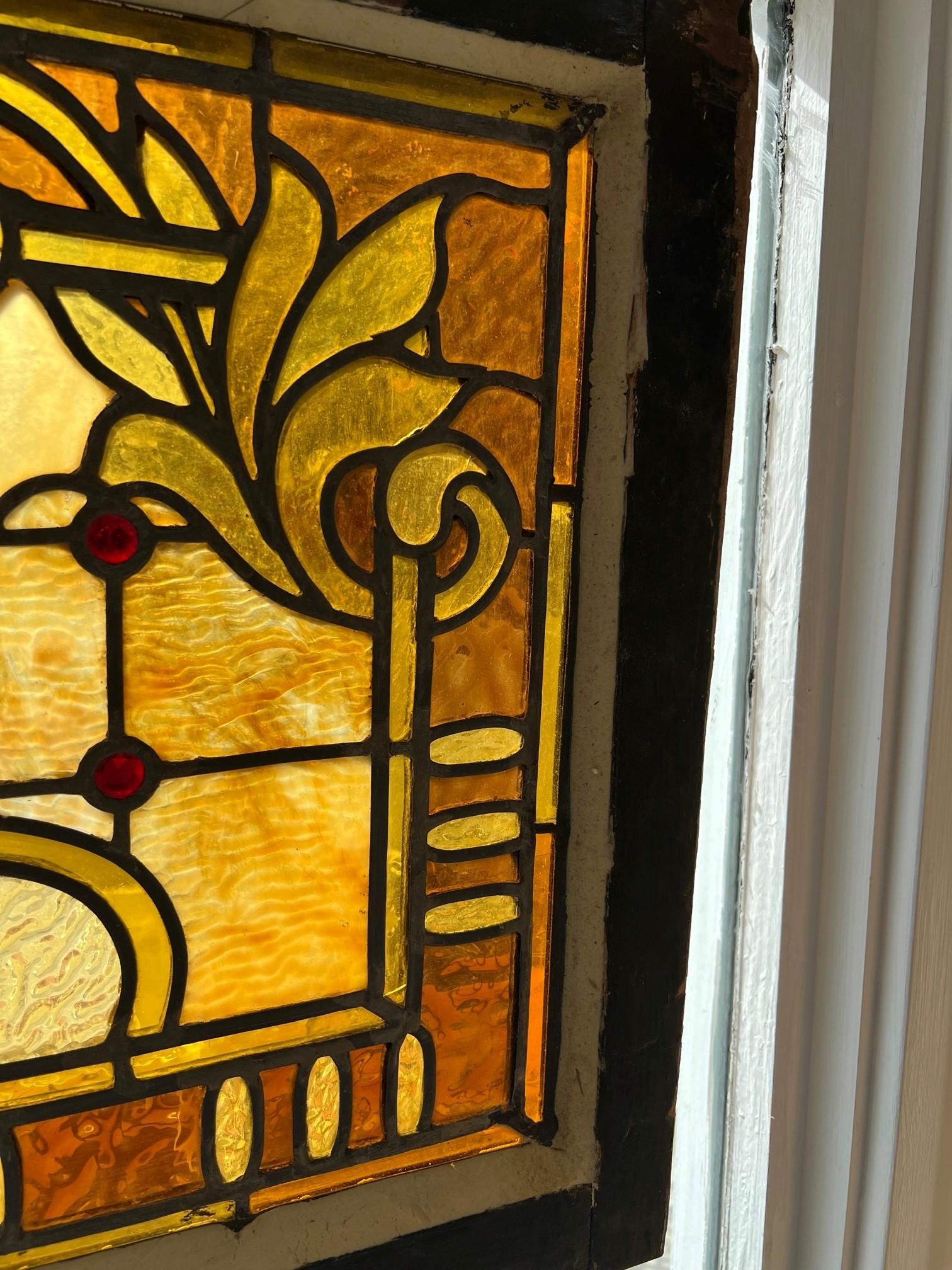Antique Stained Glass Transom with Beveled Glass Center and Jewels 5