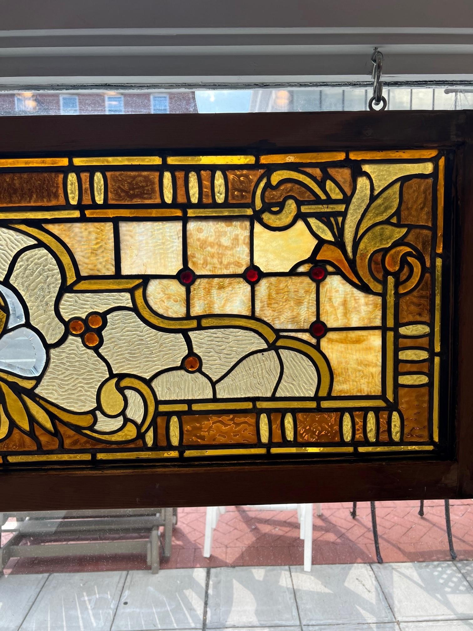 American Antique Stained Glass Transom with Beveled Glass Center and Jewels