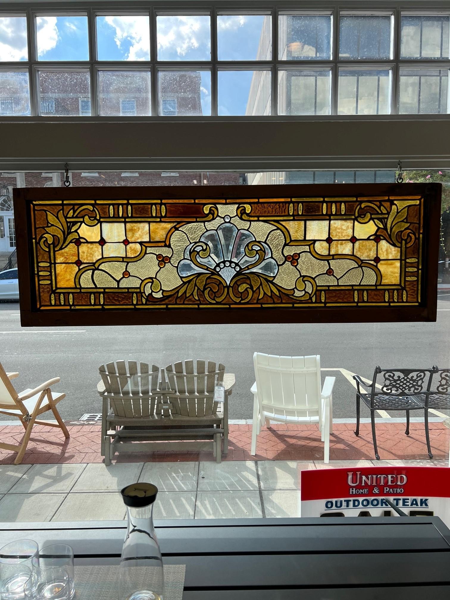 Antique Stained Glass Transom with Beveled Glass Center and Jewels 1