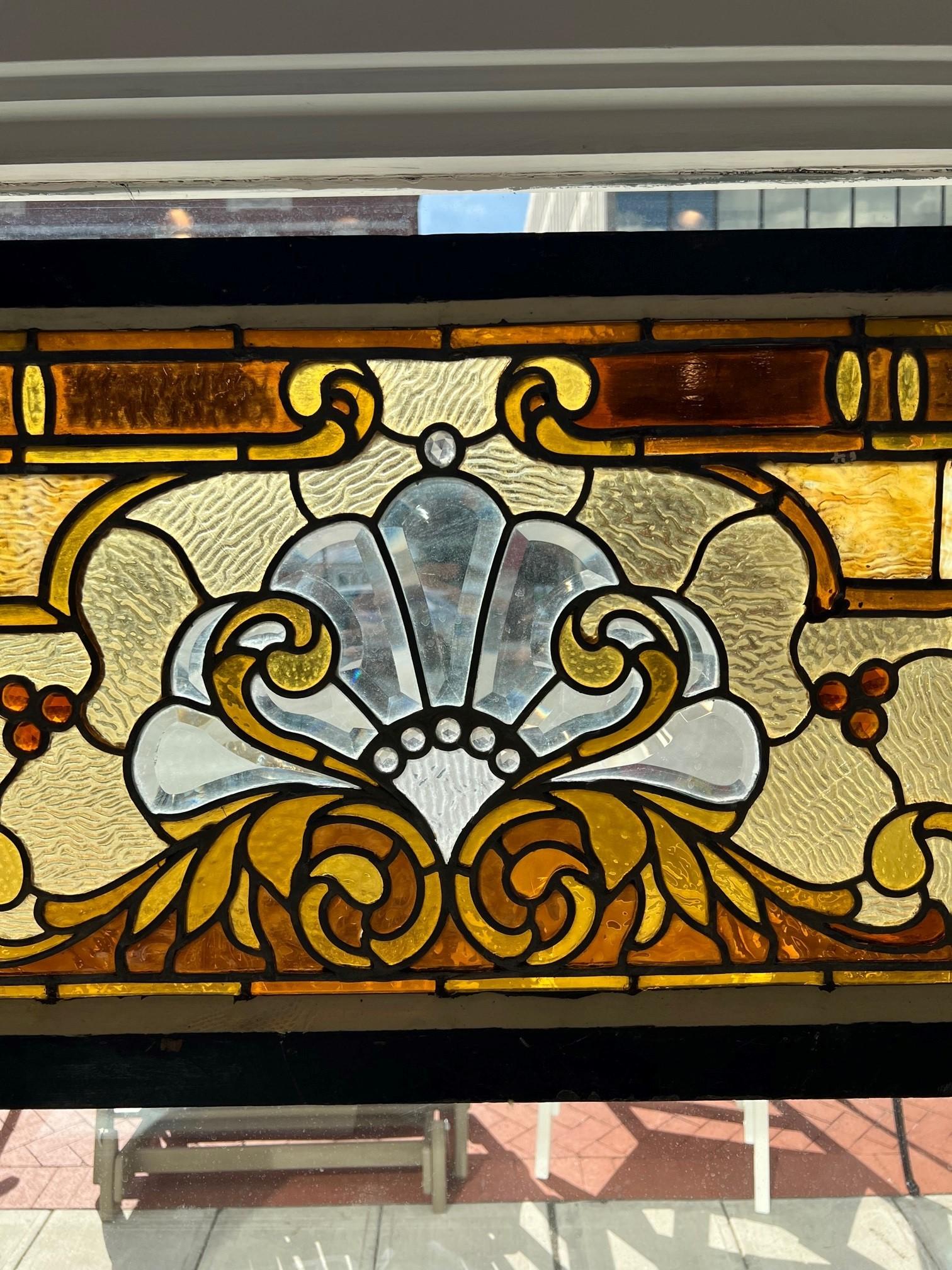 Antique Stained Glass Transom with Beveled Glass Center and Jewels 2