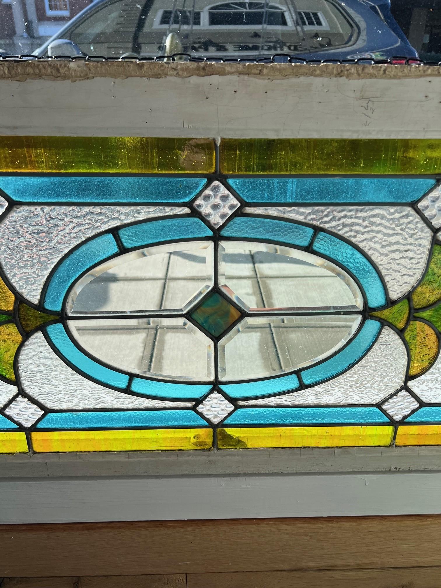 American Antique Stained Glass Window, Beveled Glass Center Original Wood Frame For Sale