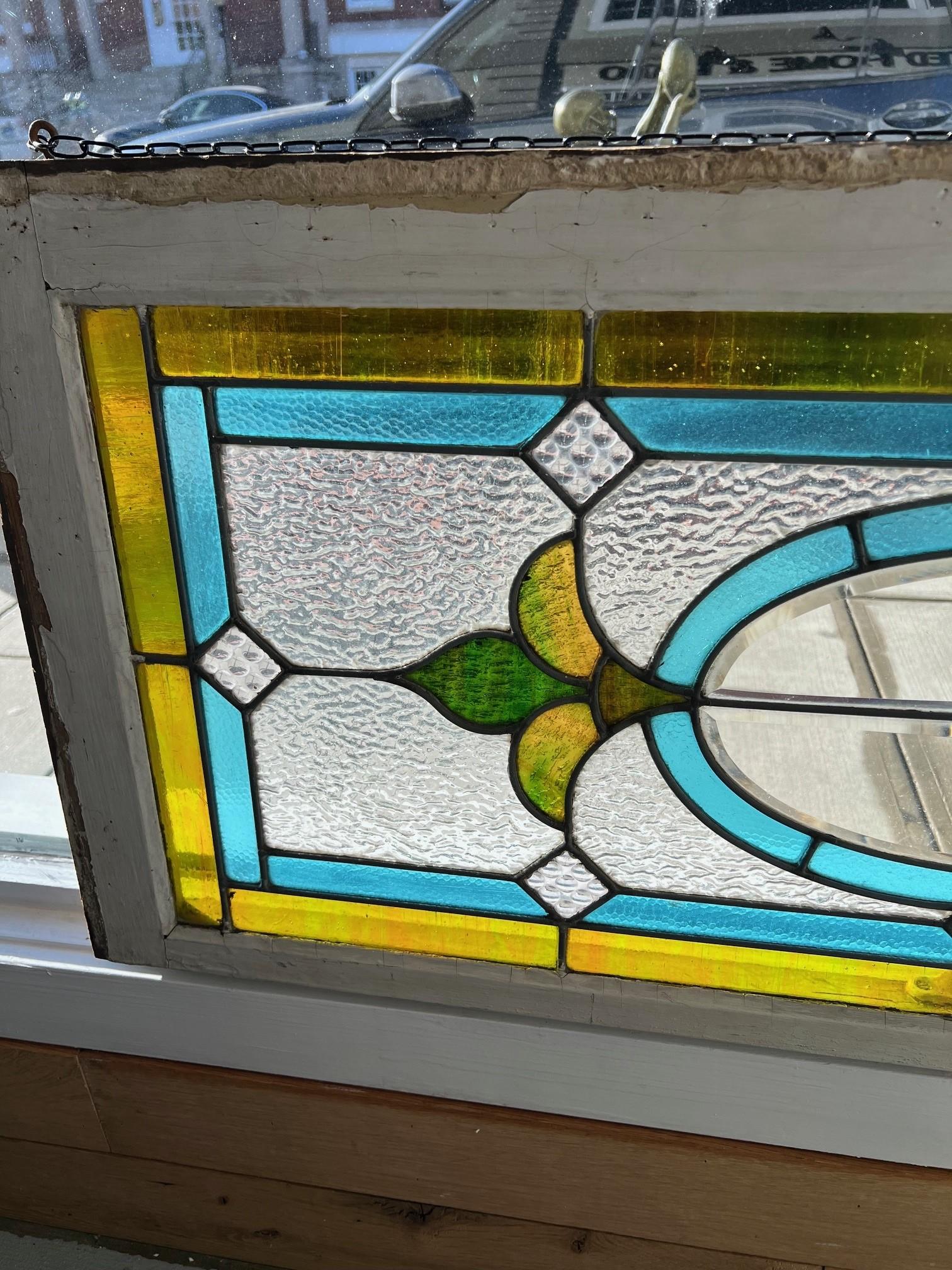 Antique Stained Glass Window, Beveled Glass Center Original Wood Frame In Good Condition For Sale In Stamford, CT
