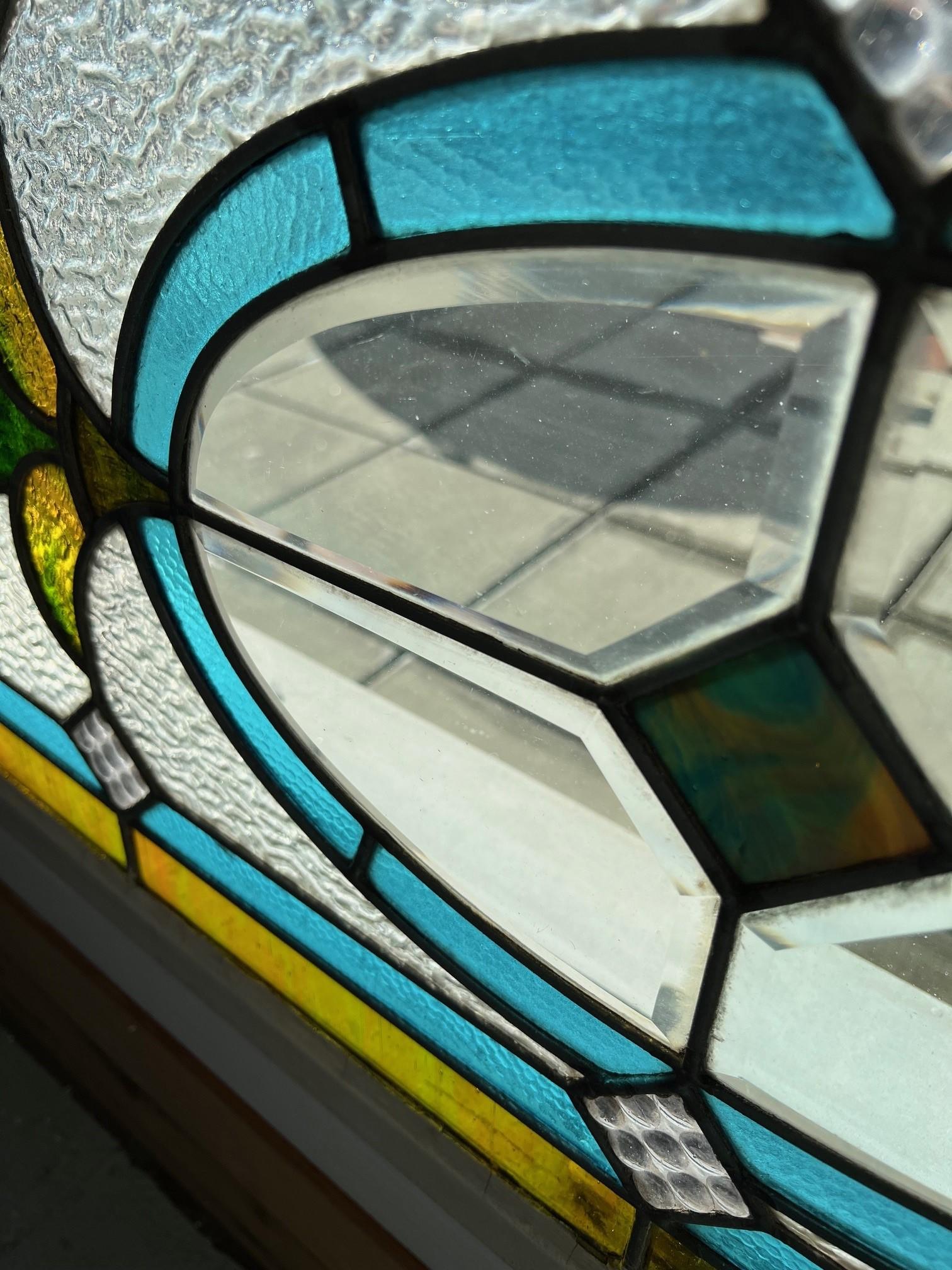 20th Century Antique Stained Glass Window, Beveled Glass Center Original Wood Frame For Sale