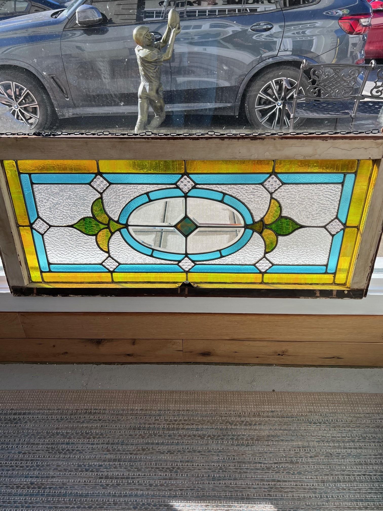Antique Stained Glass Window, Beveled Glass Center Original Wood Frame For Sale 2
