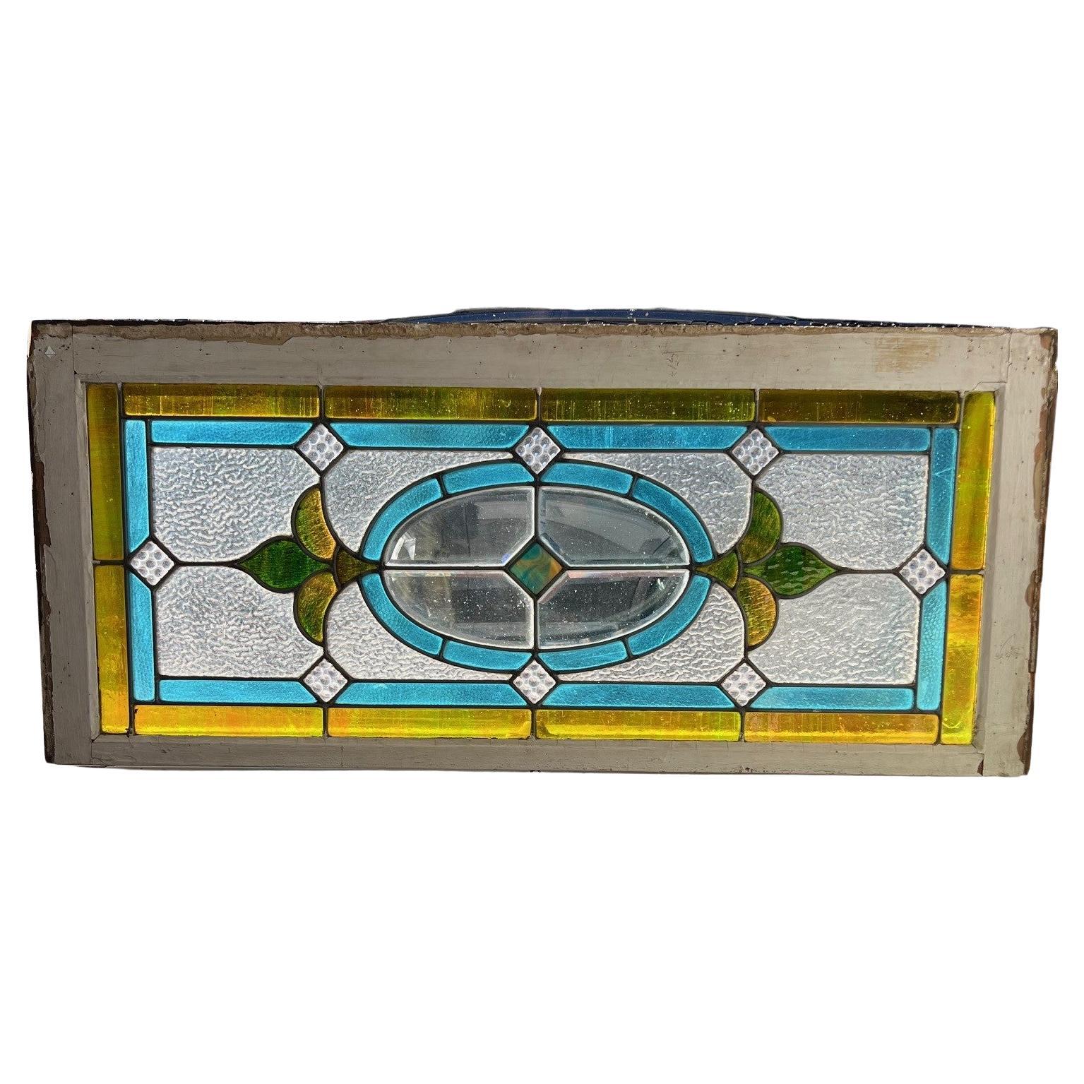 Antique Stained Glass Window, Beveled Glass Center Original Wood Frame For Sale