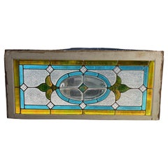 Antique Stained Glass Window, Beveled Glass Center Original Wood Frame