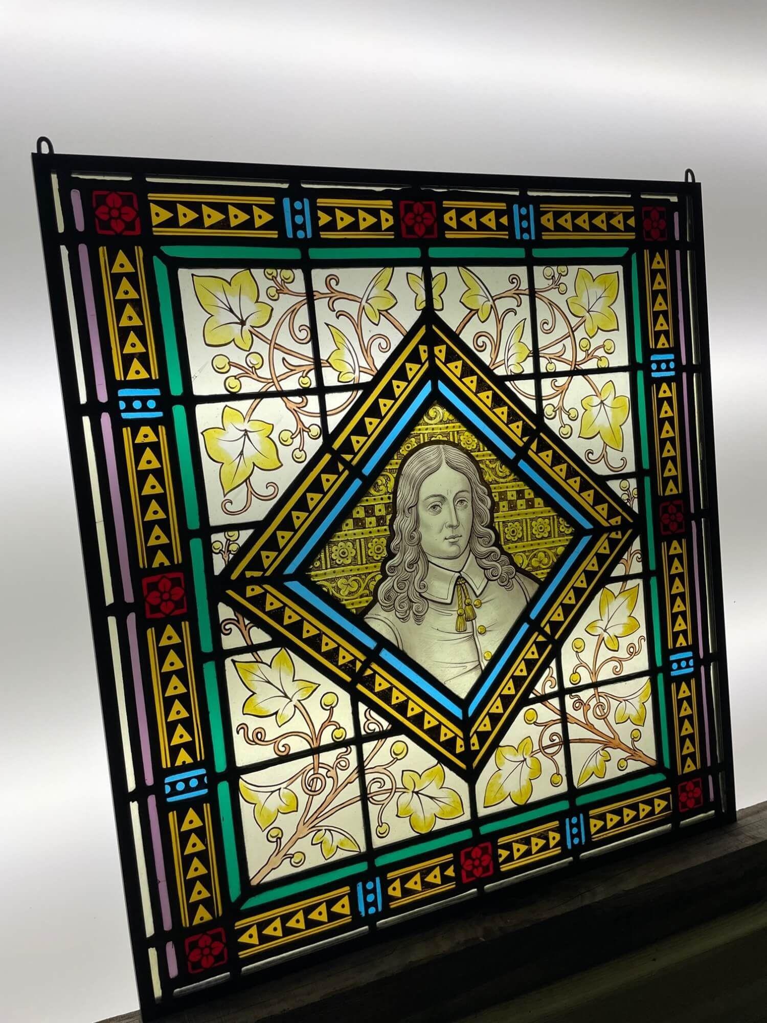 English Antique Stained Glass Window Depicting a Victorian Figure For Sale