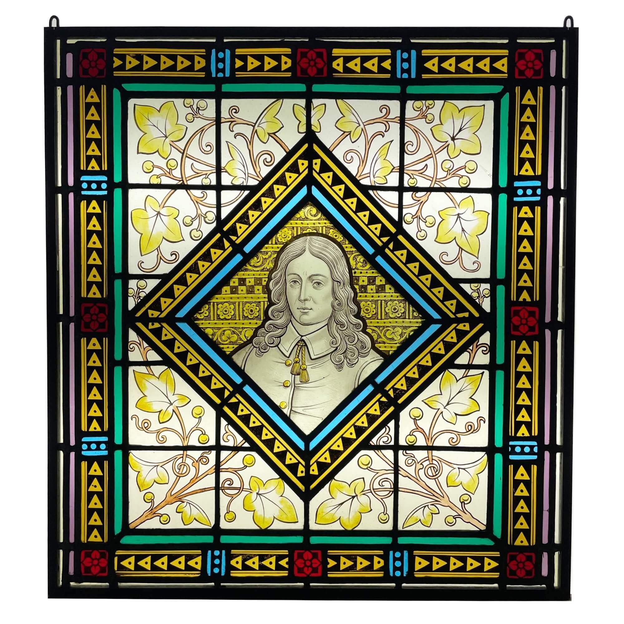 Antique Stained Glass Window Depicting a Victorian Figure In Fair Condition For Sale In Wormelow, Herefordshire